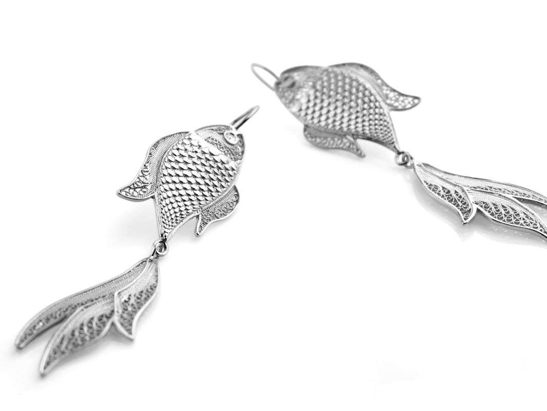 Brincos Peixes Compridos, Filigrana Portuguesa, Prata de Lei 925 - Perspectiva