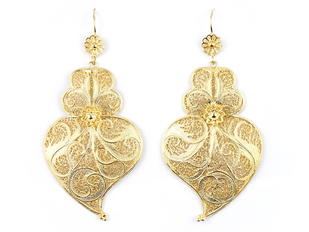 Brincos Coração de Viana Tamanho XL, Filigrana Portuguesa, Prata de Lei 925 Dourada