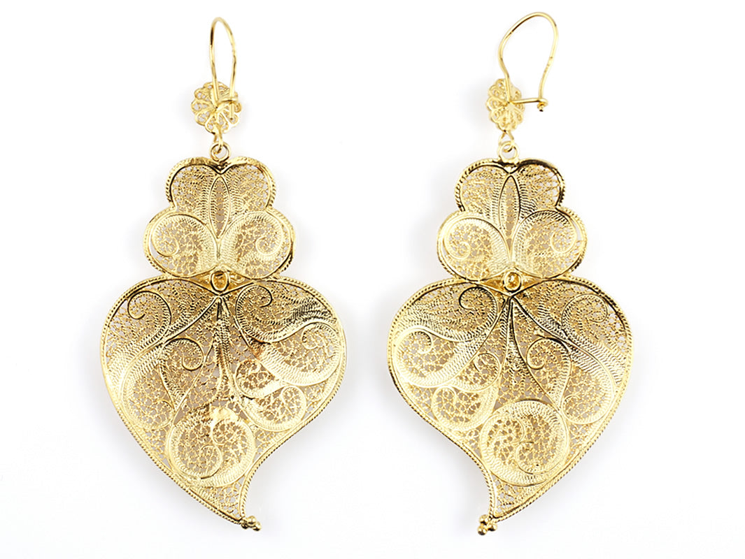 Brincos Coração de Viana Tamanho XL, Filigrana Portuguesa, Prata de Lei 925 Dourada - Vista de Trás