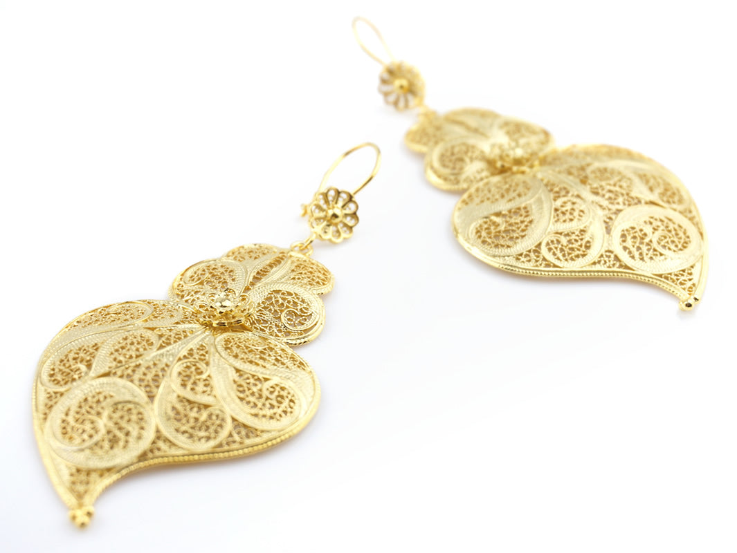Brincos Coração de Viana Tamanho XL, Filigrana Portuguesa, Prata de Lei 925 Dourada - Perspectiva