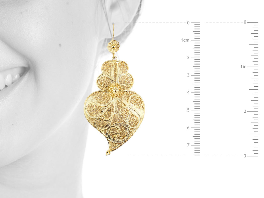 Brincos Coração de Viana Tamanho XL, Filigrana Portuguesa, Prata de Lei 925 Dourada - Medidas