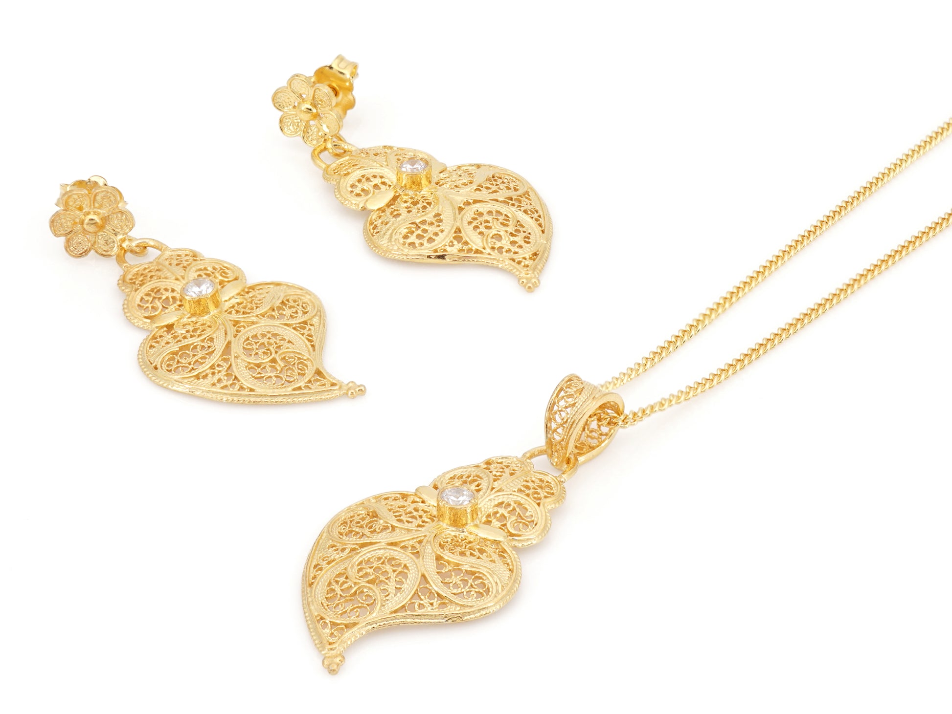 Conjunto Brincos e Colar Coração de Viana com Zircónias, Filigrana Portuguesa, Prata de Lei 925 Dourada