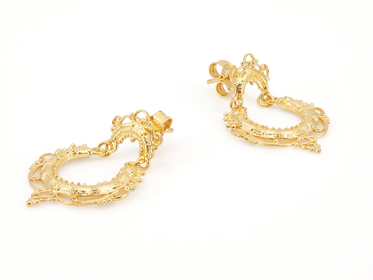 Brincos Arrecadas Redondas Pequenas, Filigrana Portuguesa, Prata de Lei 925 Dourada - Perspectiva, Vista de Frente