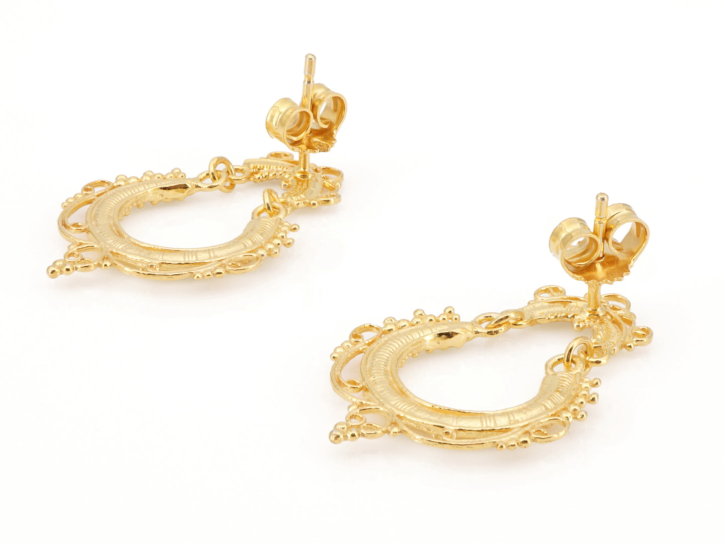 Brincos Arrecadas Redondas Pequenas, Filigrana Portuguesa, Prata de Lei 925 Dourada - Perspectiva, Vista de Trás