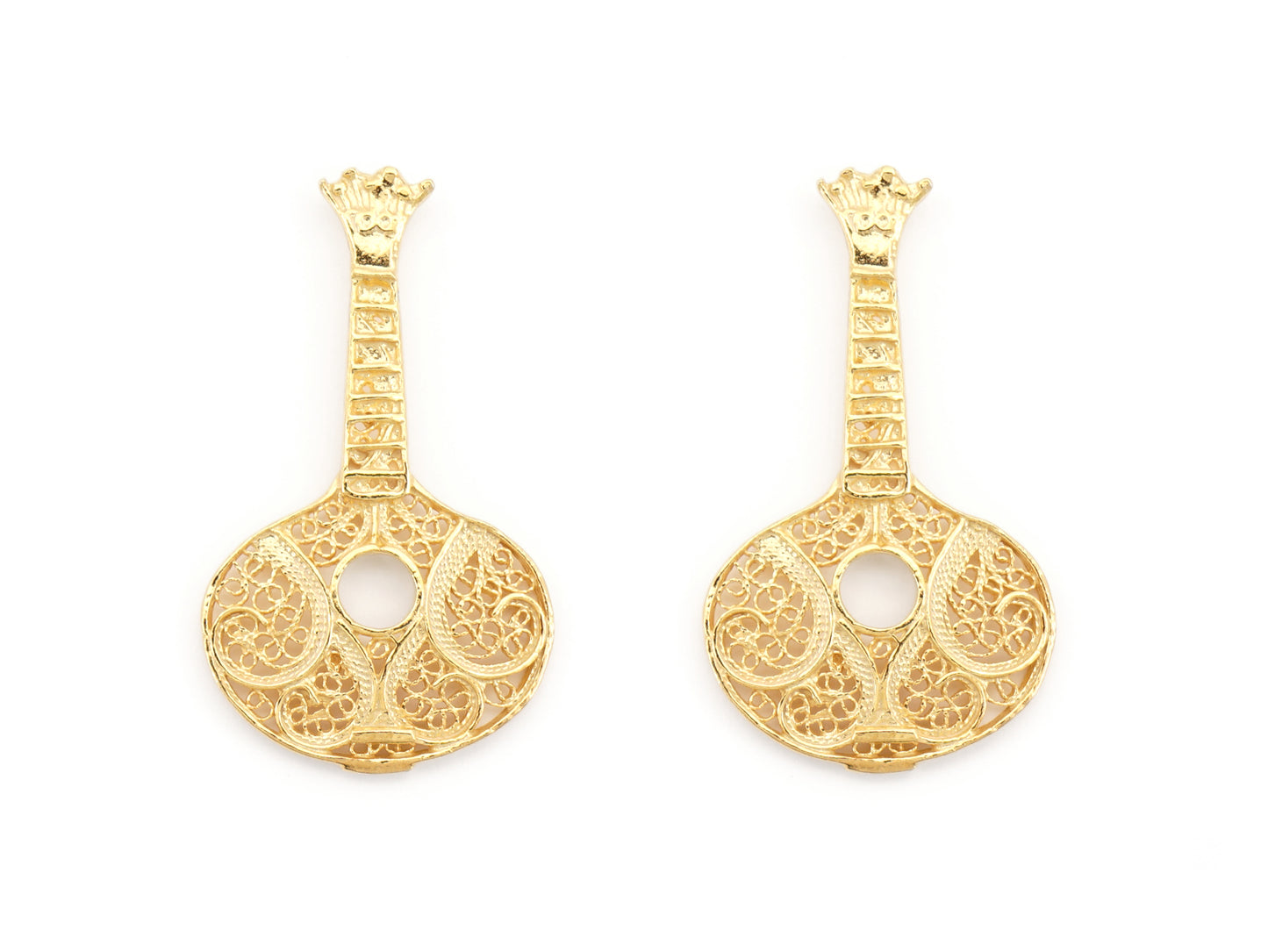 Brincos Guitarra Portuguesa / Fado, Filigrana Portuguesa, Prata de Lei 925 Dourada - Vista de Frente