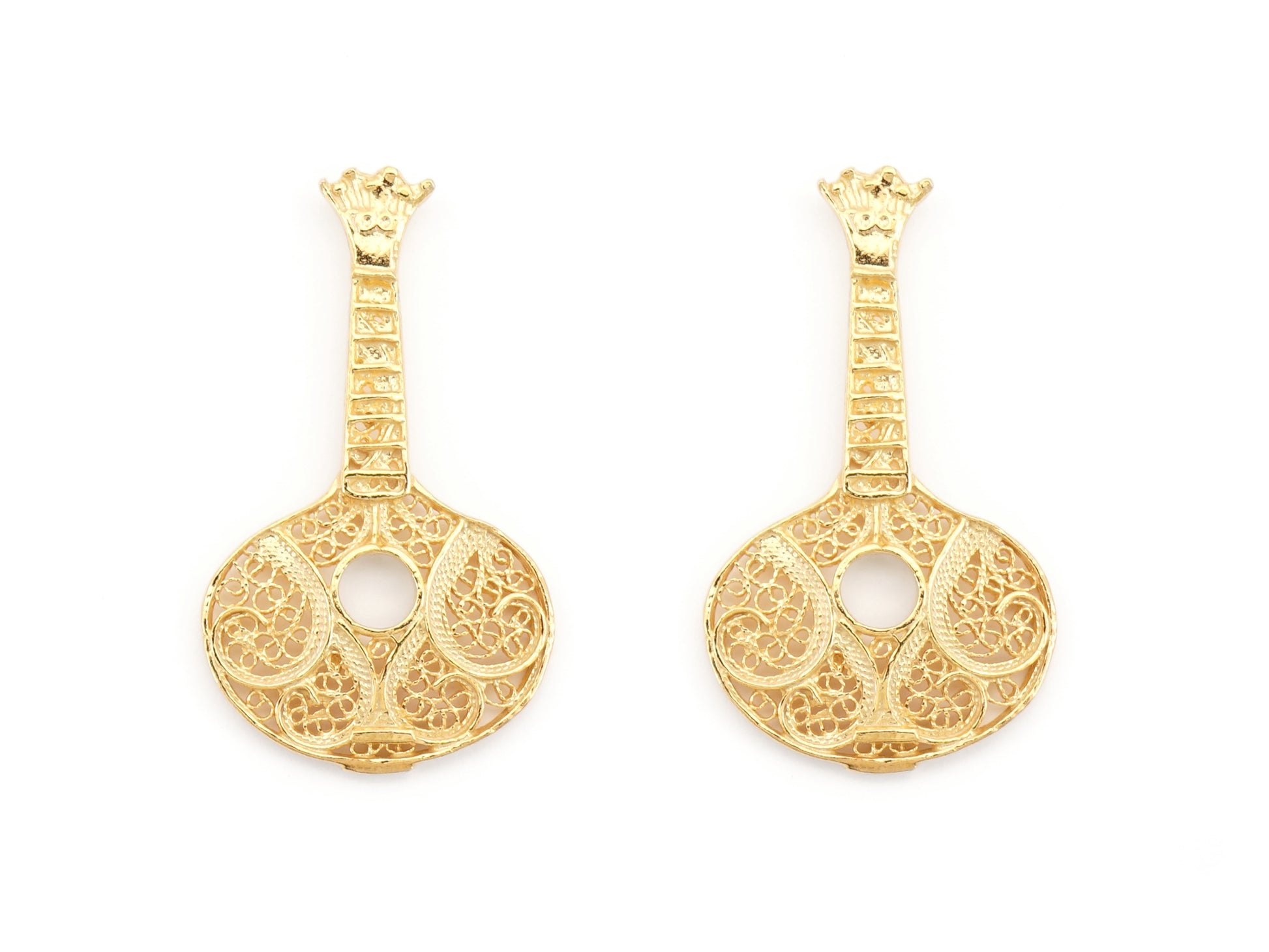 Brincos Guitarra Portuguesa / Fado, Filigrana Portuguesa, Prata de Lei 925 Dourada - Vista de Frente