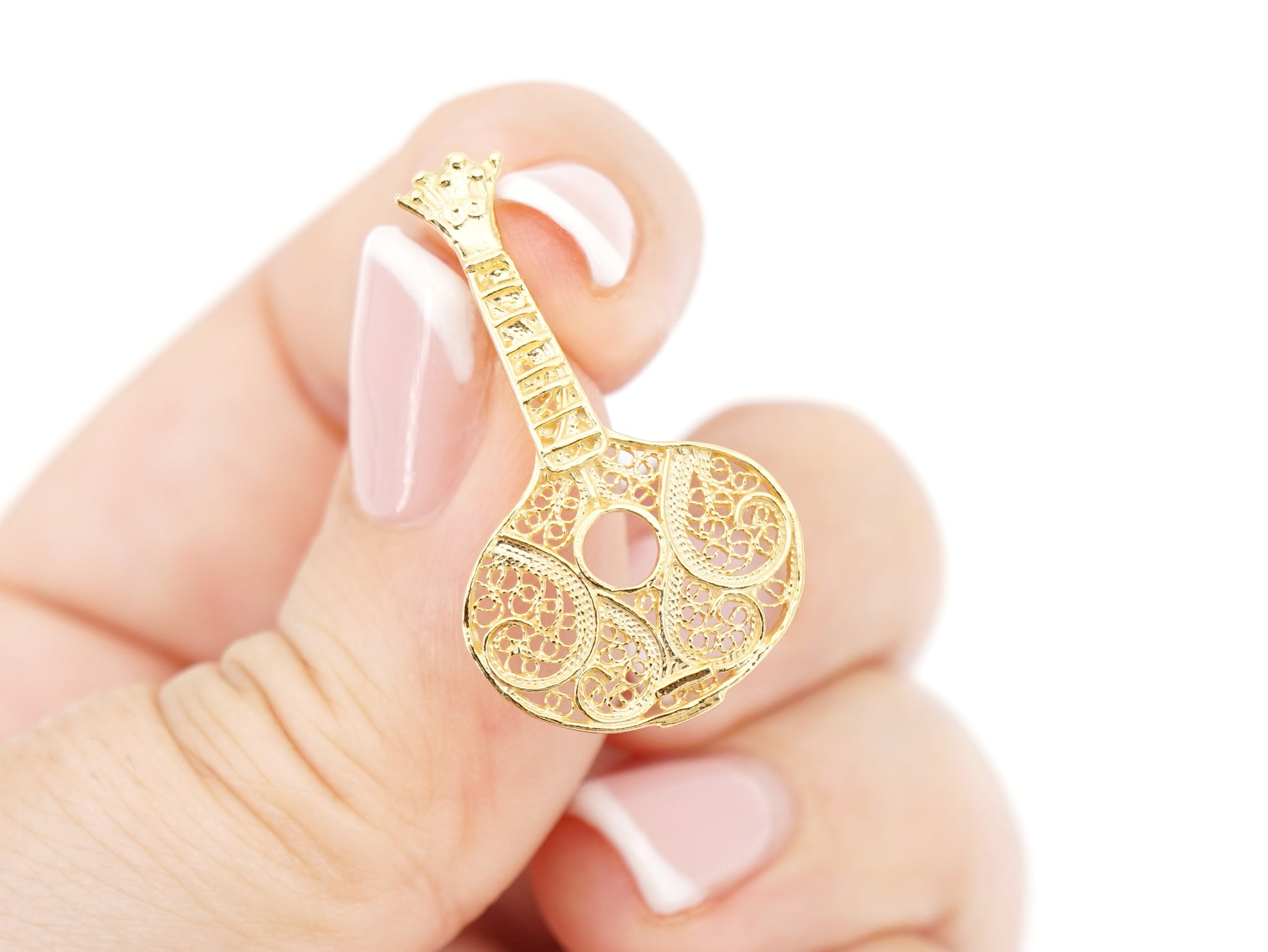 Brincos Guitarra Portuguesa / Fado, Filigrana Portuguesa, Prata de Lei 925 Dourada - Pormenor na Mão