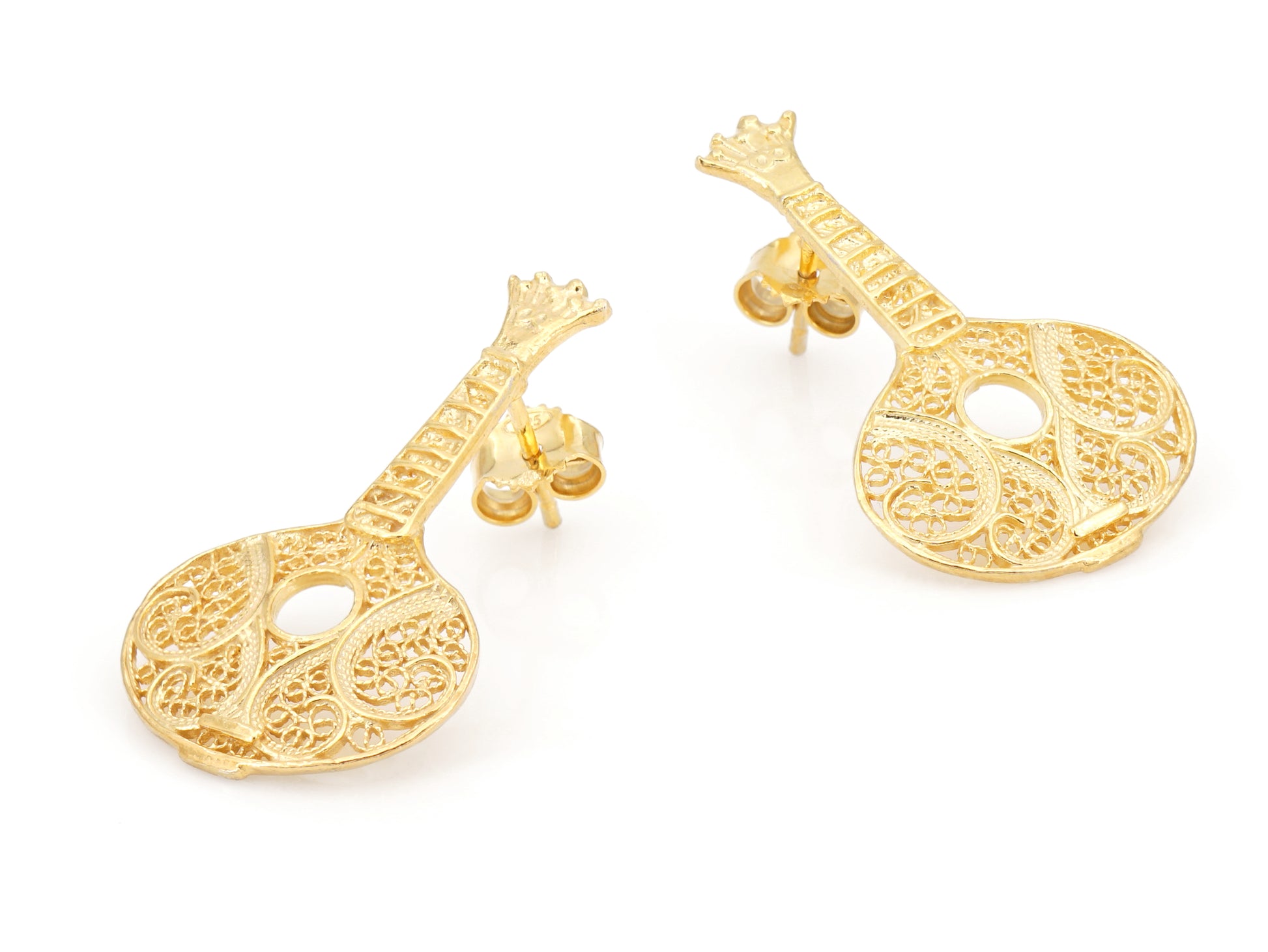 Brincos Guitarra Portuguesa / Fado, Filigrana Portuguesa, Prata de Lei 925 Dourada