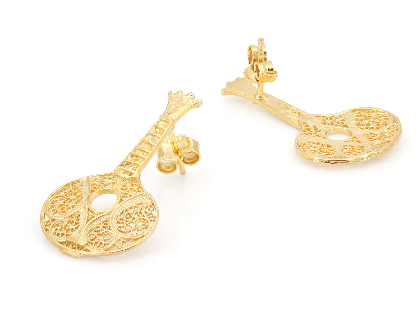 Brincos Guitarra Portuguesa / Fado, Filigrana Portuguesa, Prata de Lei 925 Dourada - Perspectiva, Vista de Frente e Vista de Trás