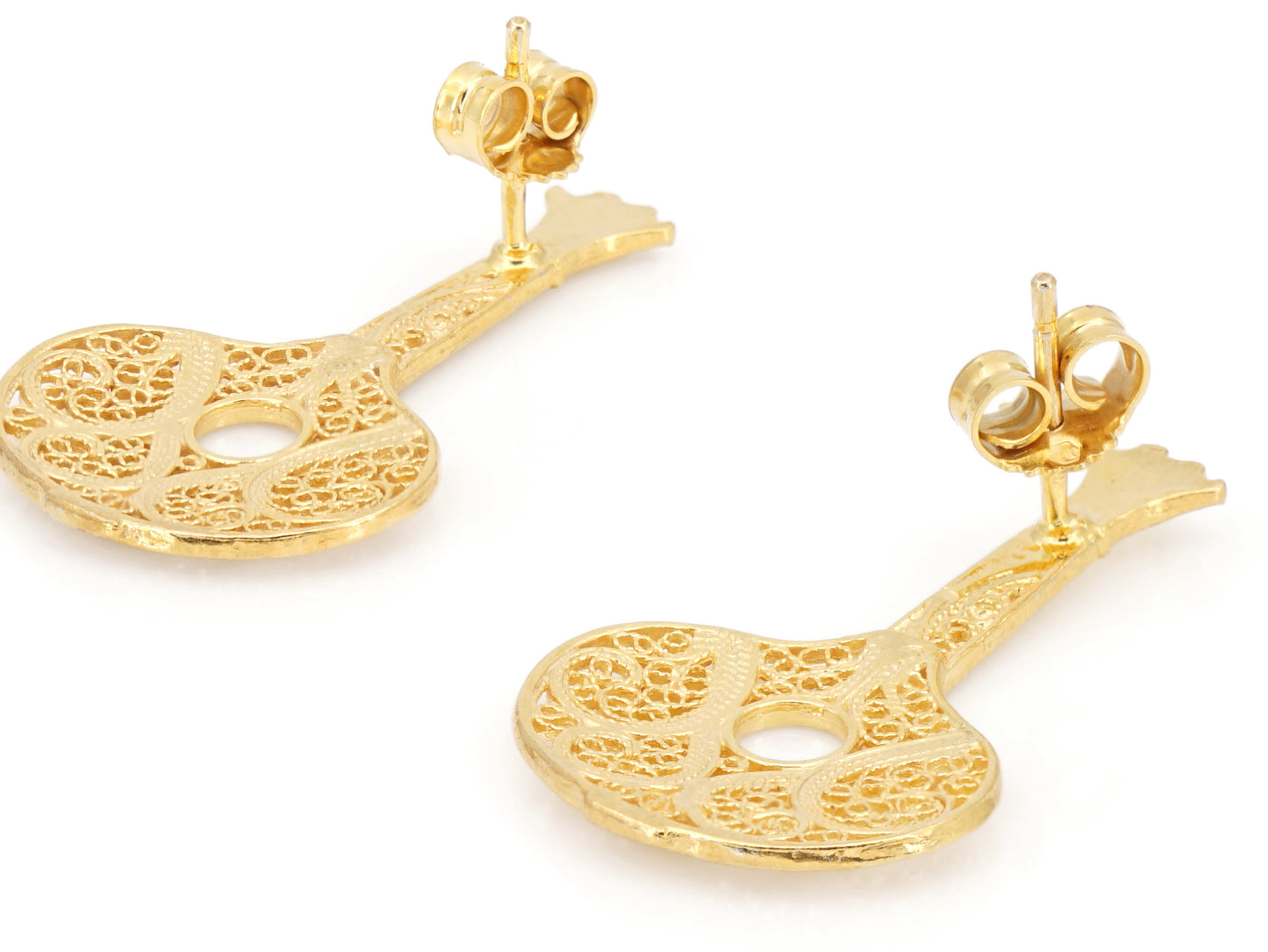 Brincos Guitarra Portuguesa / Fado, Filigrana Portuguesa, Prata de Lei 925 Dourada - Perspectiva, Vista de Trás