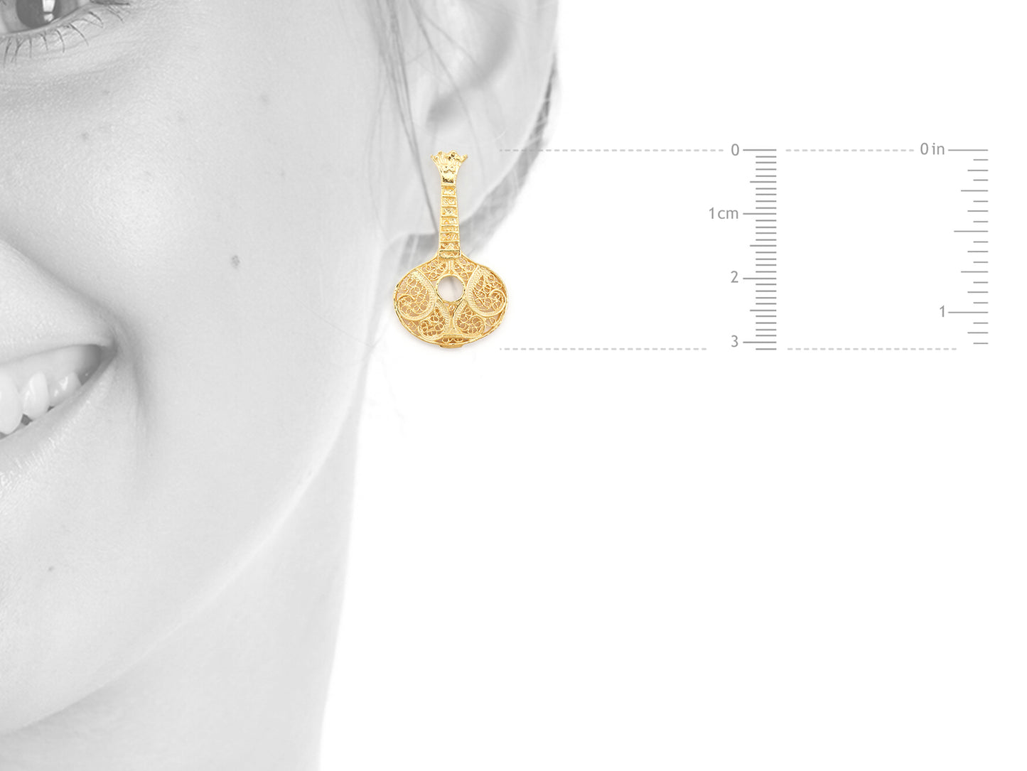 Brincos Guitarra Portuguesa / Fado, Filigrana Portuguesa, Prata de Lei 925 Dourada - Medidas