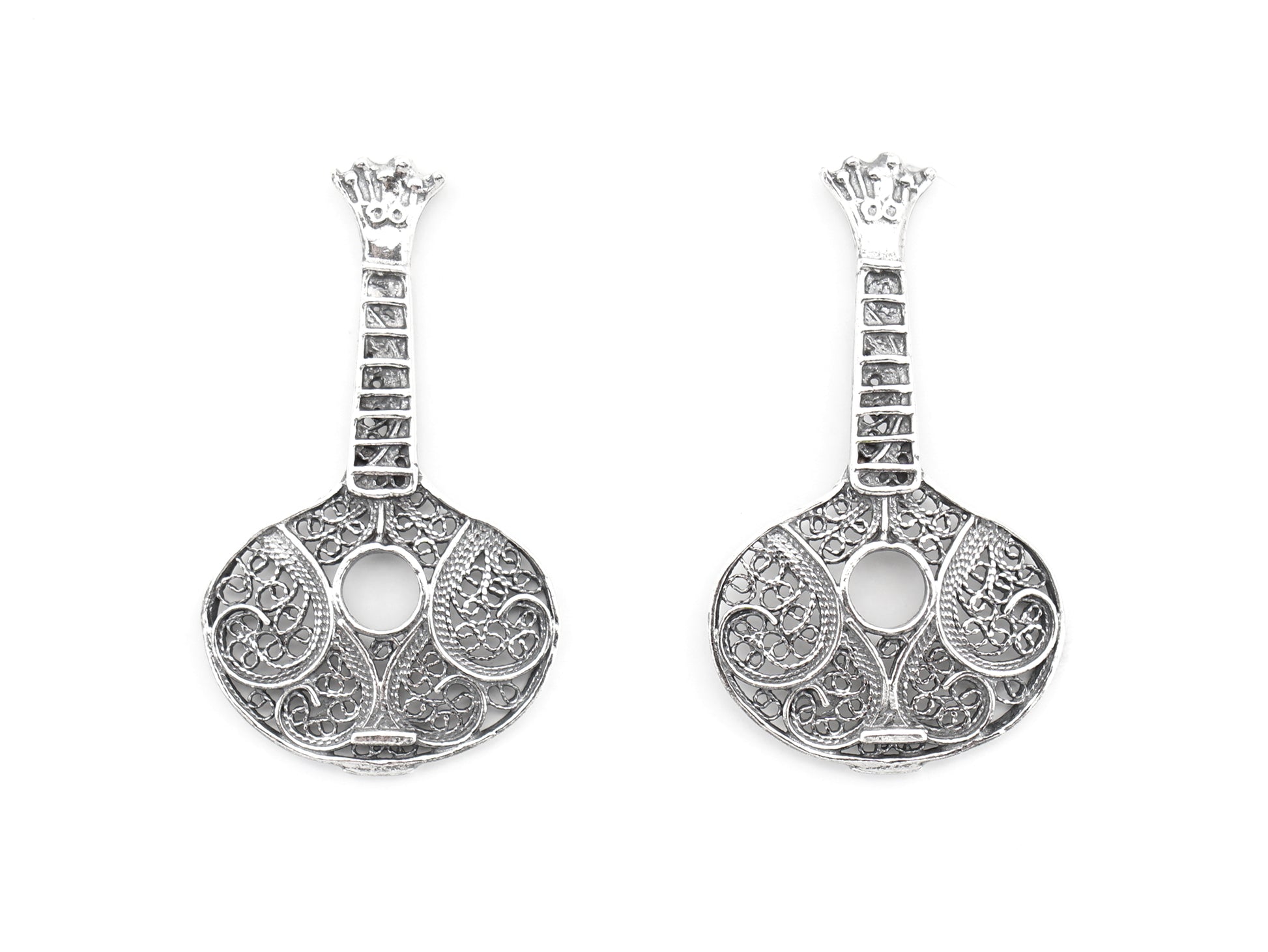 Brincos Guitarra Portuguesa / Fado, Filigrana Portuguesa, Prata de Lei 925 - Vista de Frente