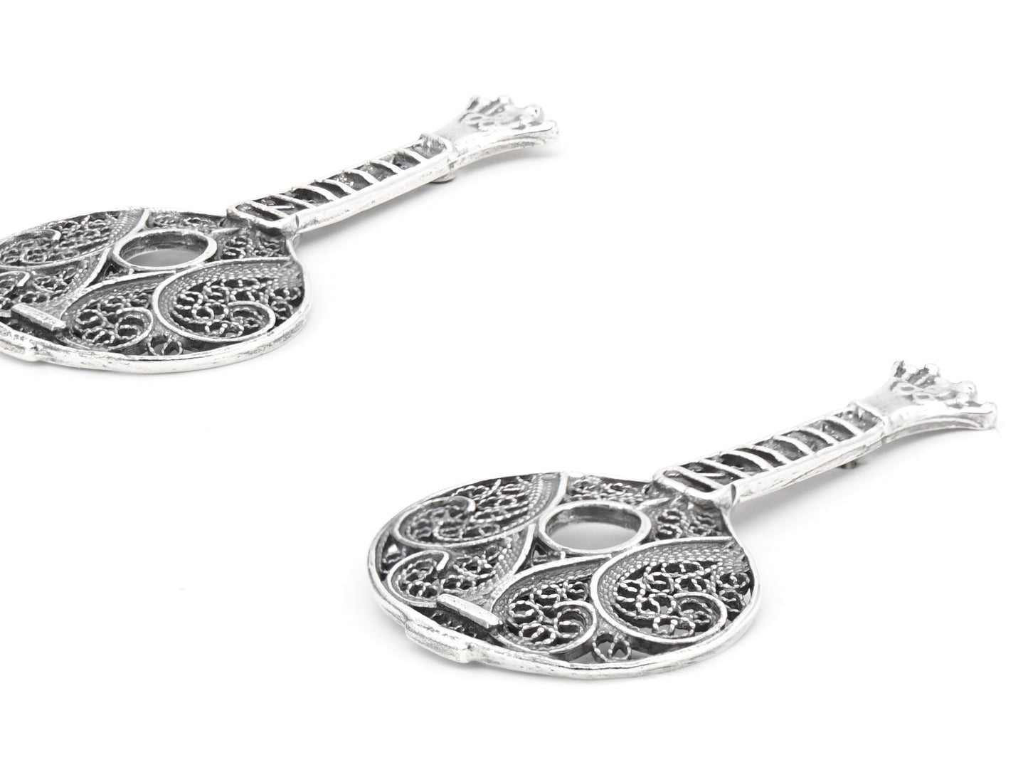 Brincos Guitarra Portuguesa / Fado, Filigrana Portuguesa, Prata de Lei 925 - Perspectiva, Vista de Frente