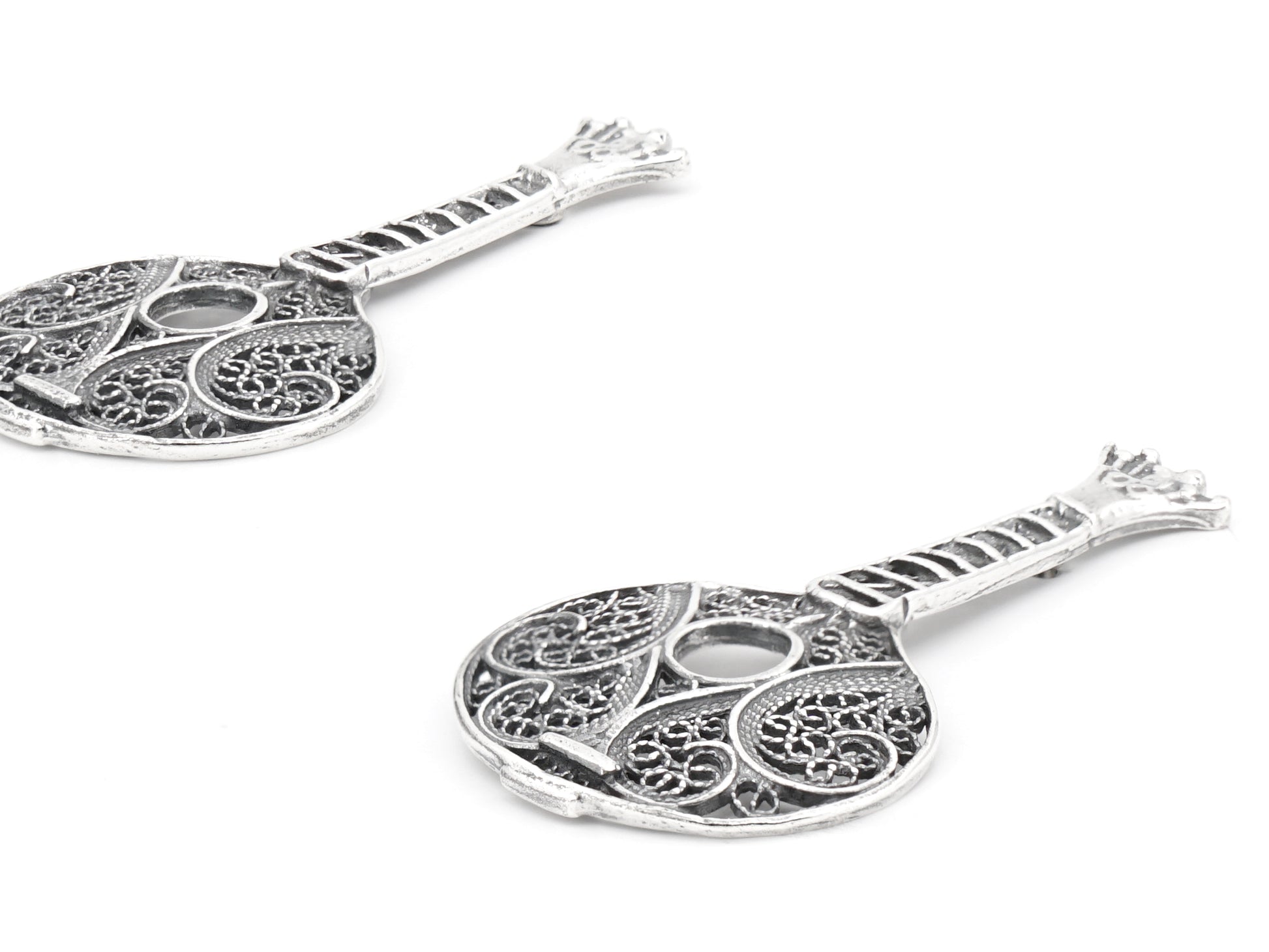 Brincos Guitarra Portuguesa / Fado, Filigrana Portuguesa, Prata de Lei 925 - Perspectiva, Vista de Frente