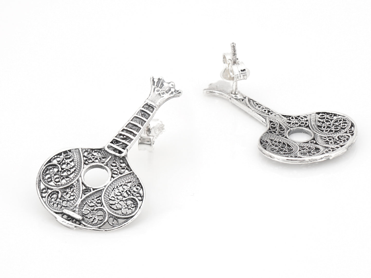 Brincos Guitarra Portuguesa / Fado, Filigrana Portuguesa, Prata de Lei 925 - Perspectiva, Vista de Frente e Vista de Trás