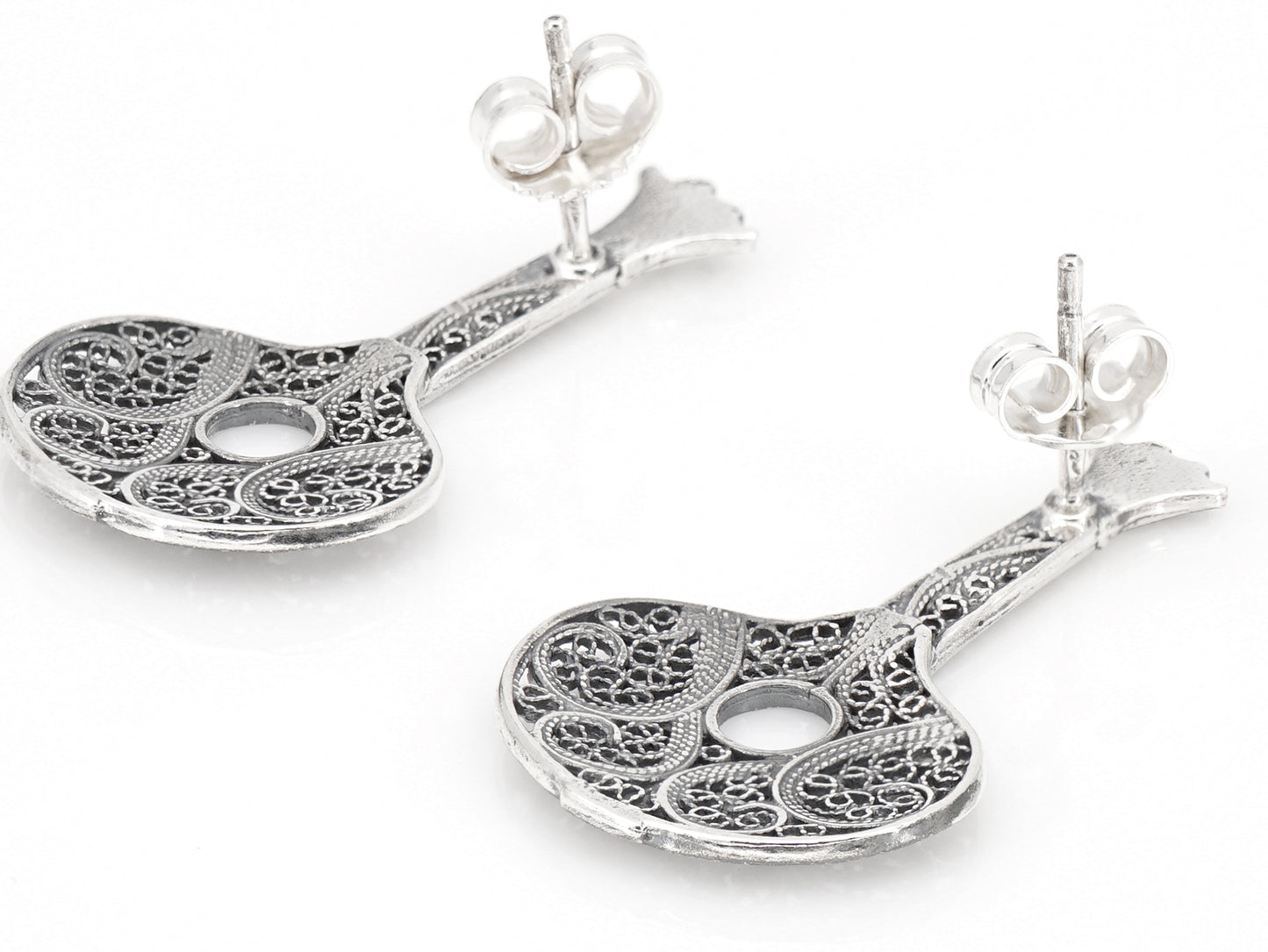 Brincos Guitarra Portuguesa / Fado, Filigrana Portuguesa, Prata de Lei 925 - Perspectiva, Vista de Trás