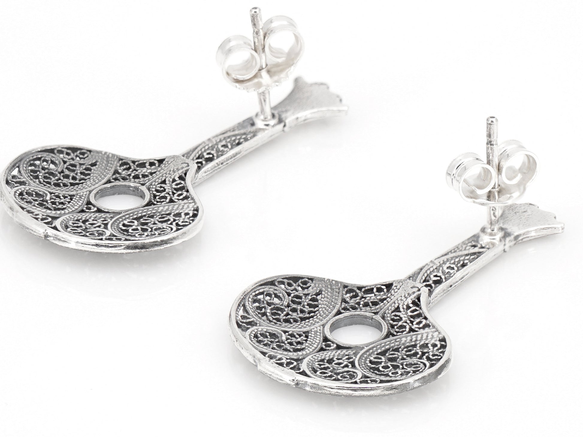 Brincos Guitarra Portuguesa / Fado, Filigrana Portuguesa, Prata de Lei 925 - Perspectiva, Vista de Trás