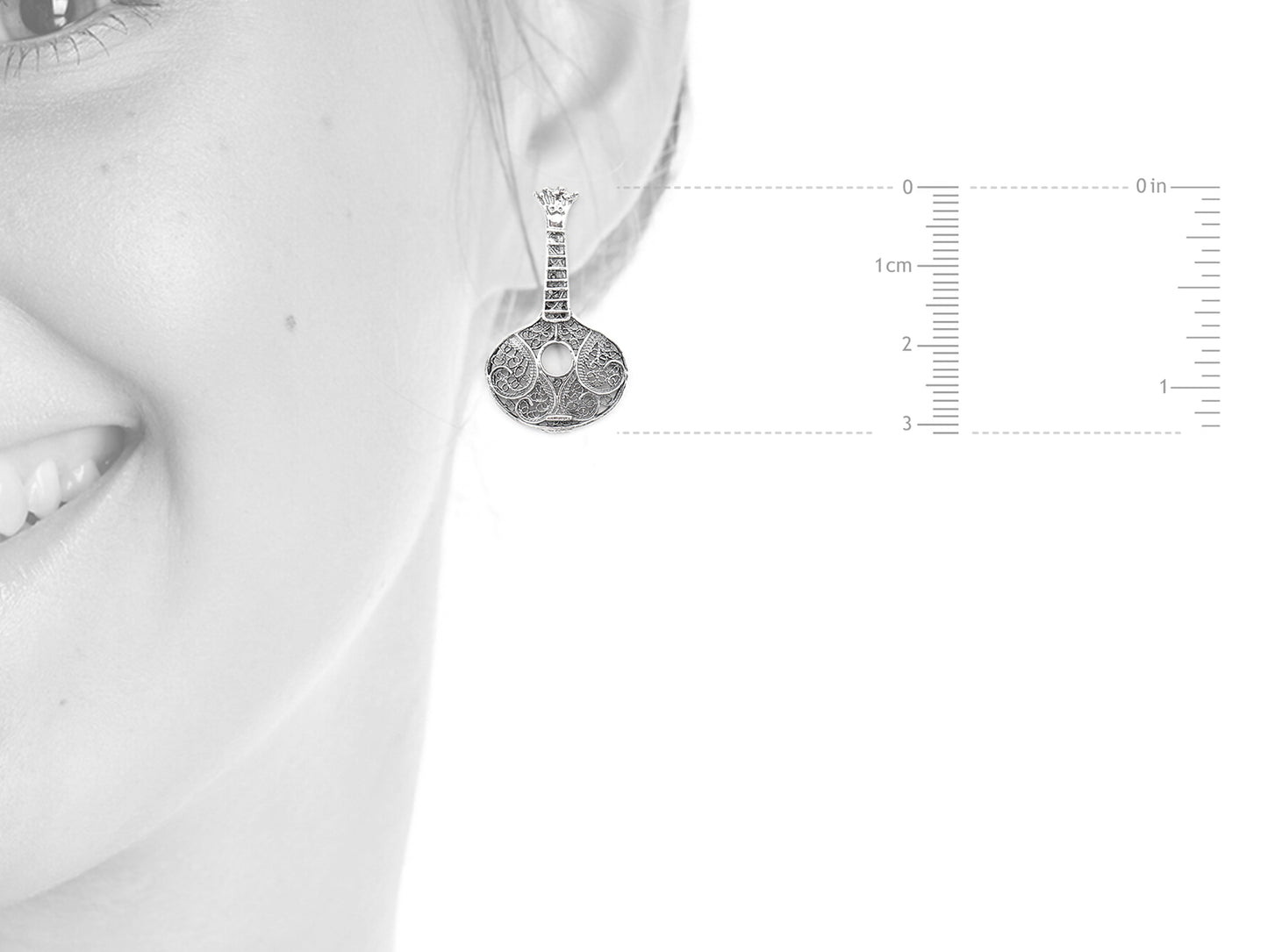 Brincos Guitarra Portuguesa / Fado, Filigrana Portuguesa, Prata de Lei 925 - Medidas