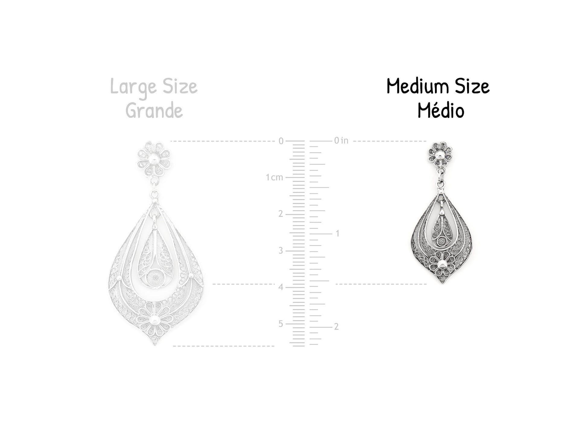 Brincos Lágrima Rica Médios, Filigrana Portuguesa, Prata de Lei 925 - Comparação de Tamanho com o Brinco Grande