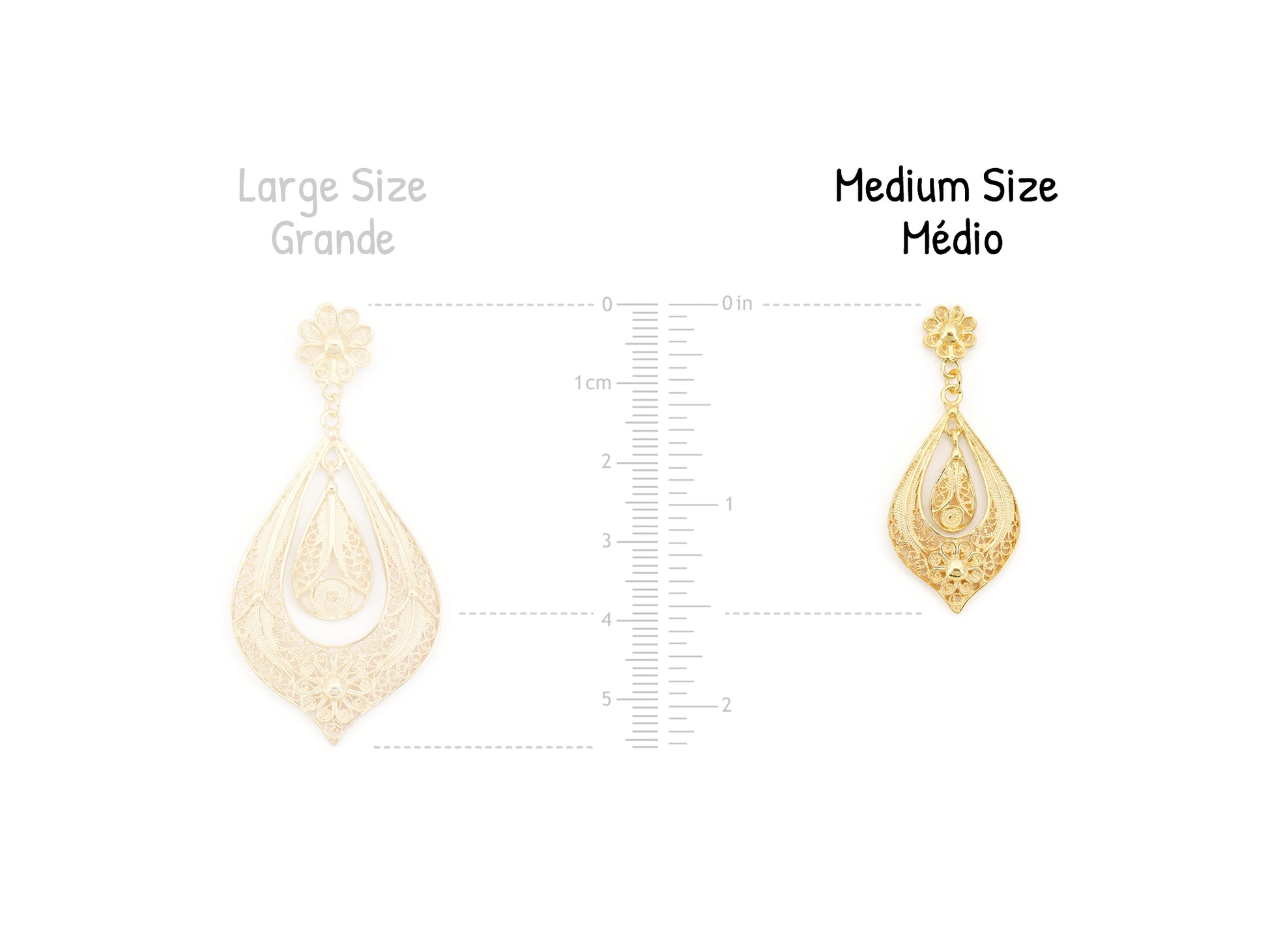 Brincos Lágrima Rica Médios, Filigrana Portuguesa, Prata de Lei 925 Dourada - Comparação de Tamanho com o Brinco Grande