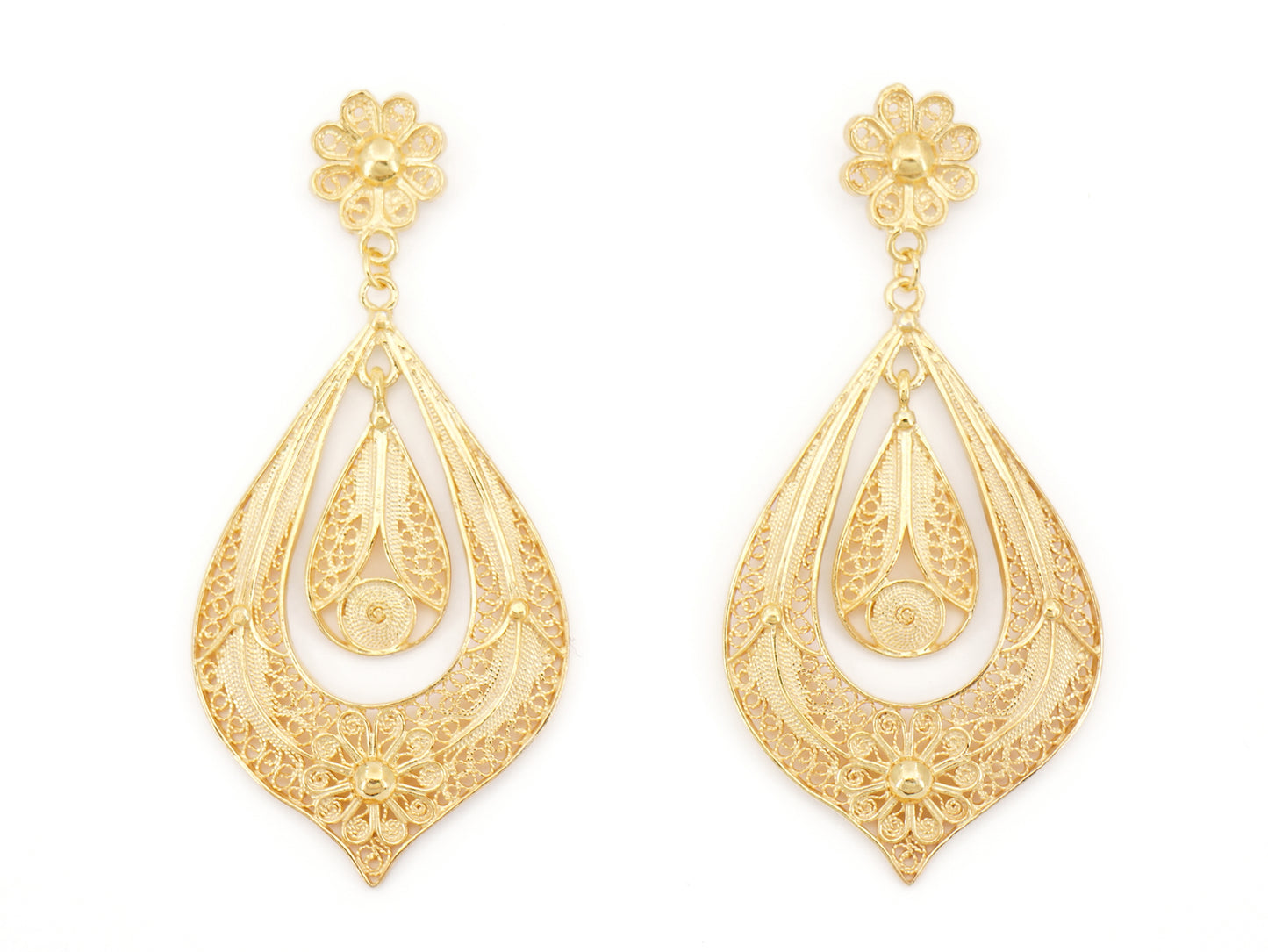 Brincos Lágrima Rica Grandes, Filigrana Portuguesa, Prata de Lei 925 Dourada - Vista de Frente