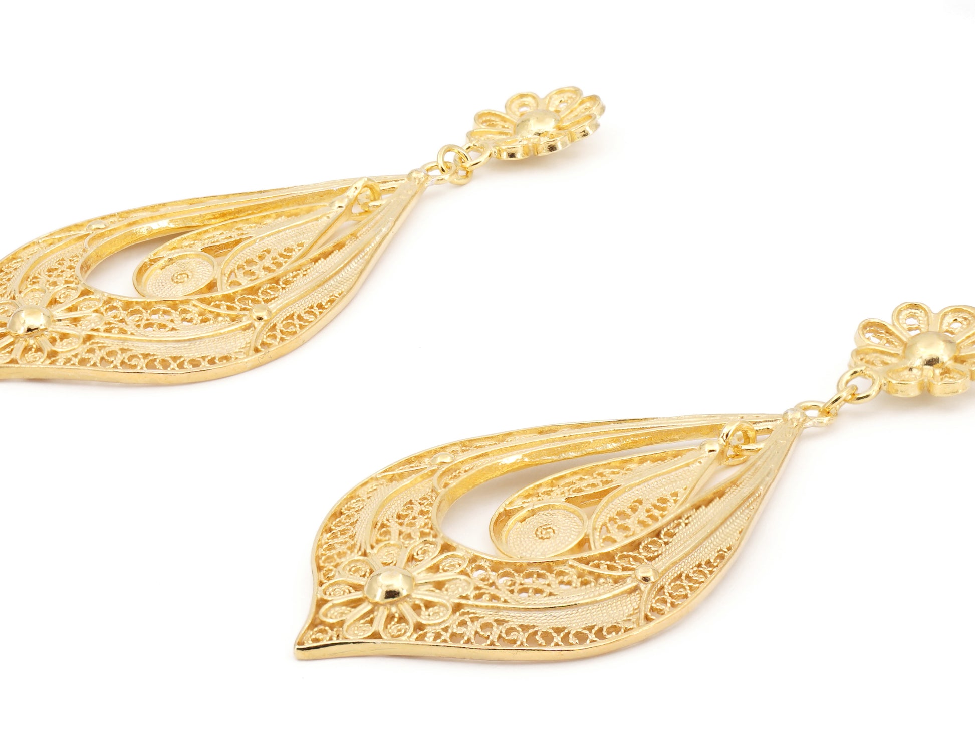 Brincos Lágrima Rica Grandes, Filigrana Portuguesa, Prata de Lei 925 Dourada - Perspectiva, Vista de frente