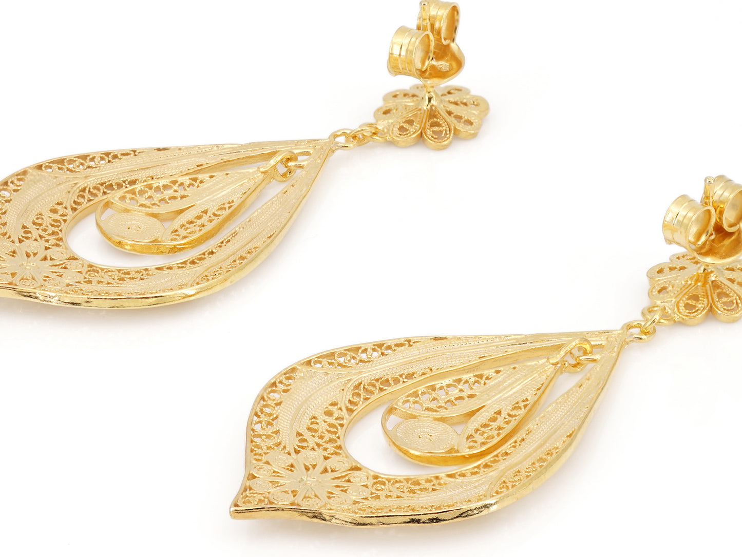 Brincos Lágrima Rica Grandes, Filigrana Portuguesa, Prata de Lei 925 Dourada - Perspectiva, Vista de Trás