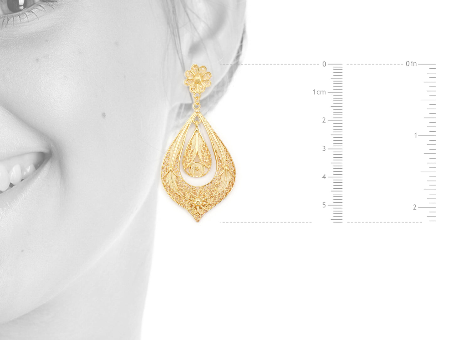 Brincos Lágrima Rica Grandes, Filigrana Portuguesa, Prata de Lei 925 Dourada - Tamanho