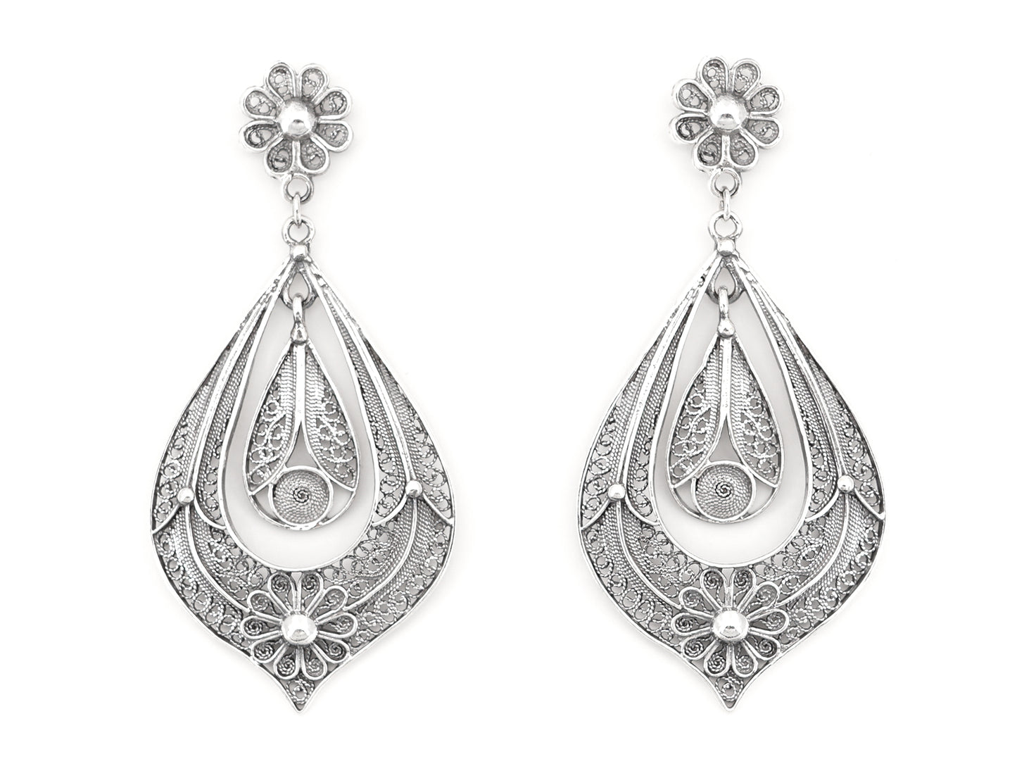 Brincos Lágrima Rica Grandes, Filigrana Portuguesa, Prata de Lei 925 - Vista de Frente