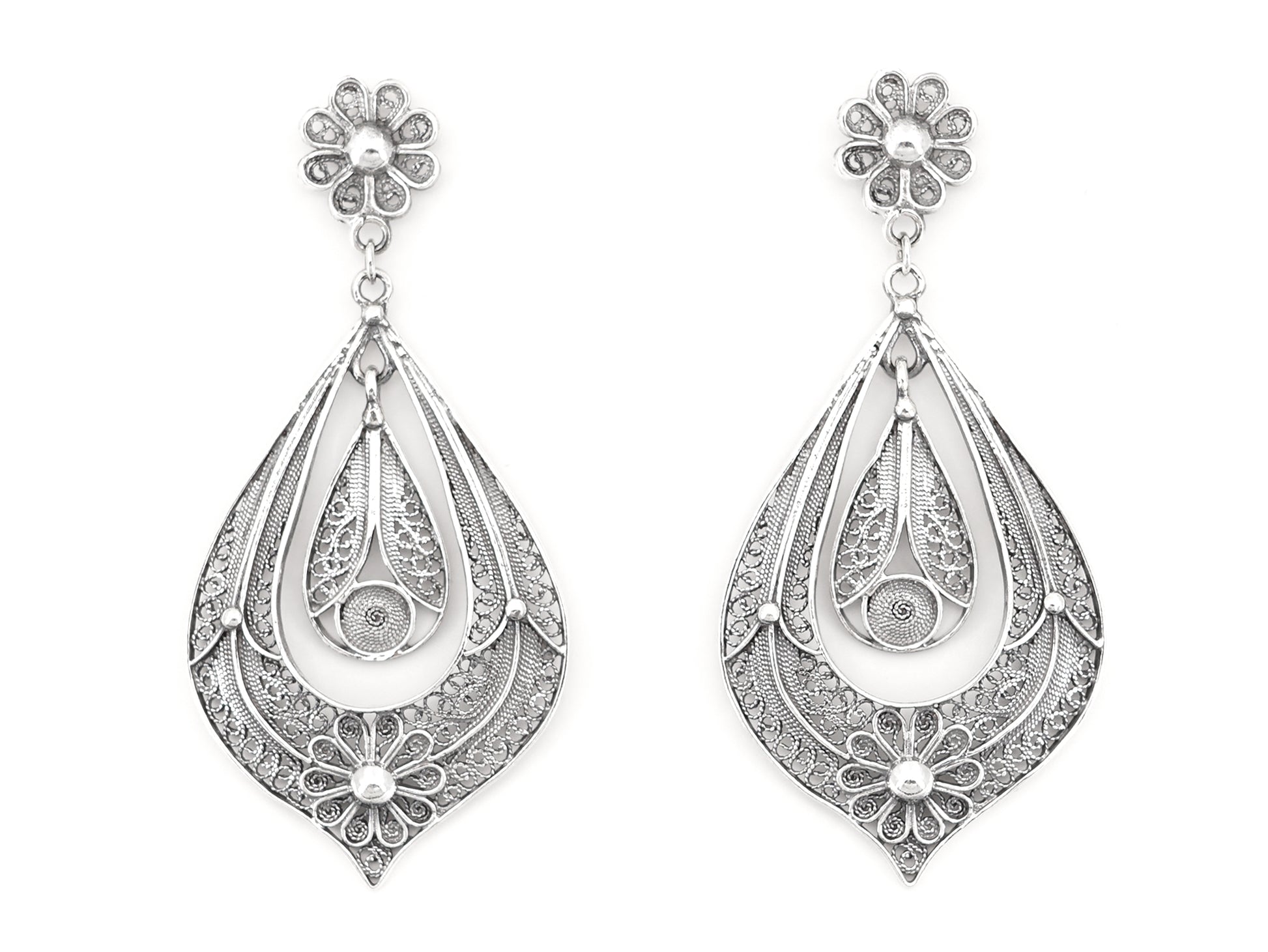 Brincos Lágrima Rica Grandes, Filigrana Portuguesa, Prata de Lei 925 - Vista de Frente