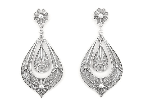 Brincos Lágrima Rica Grandes, Filigrana Portuguesa, Prata de Lei 925 - Vista de Frente