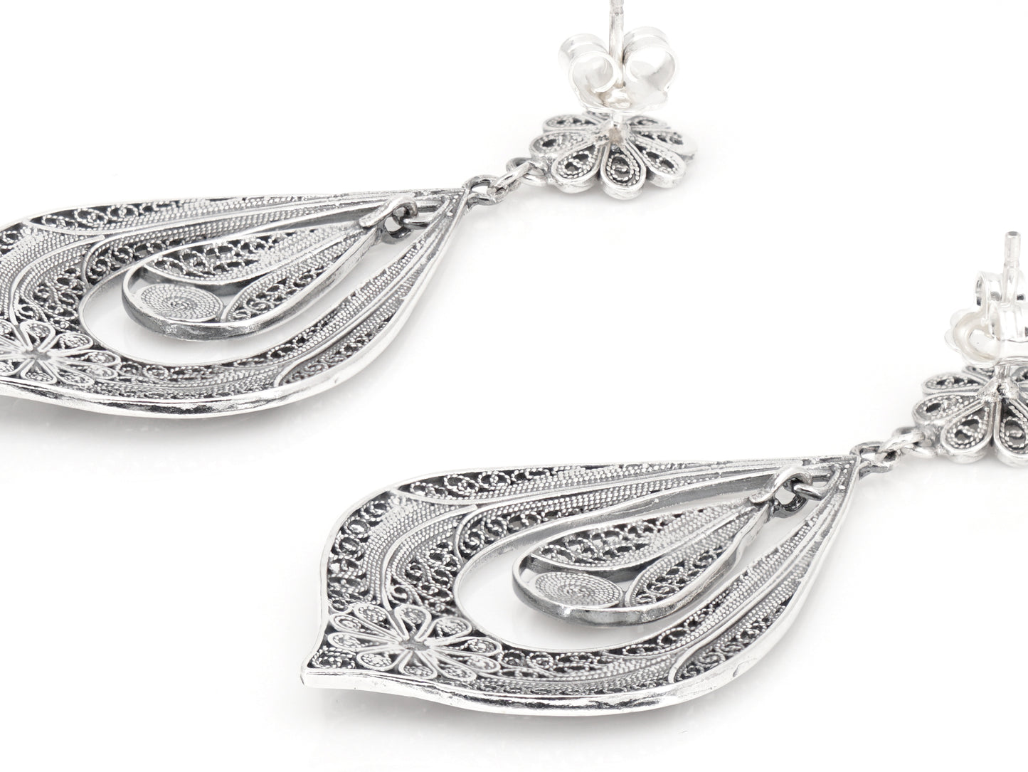 Brincos Lágrima Rica Grandes, Filigrana Portuguesa, Prata de Lei 925 - Perspectiva, Vista de Trás