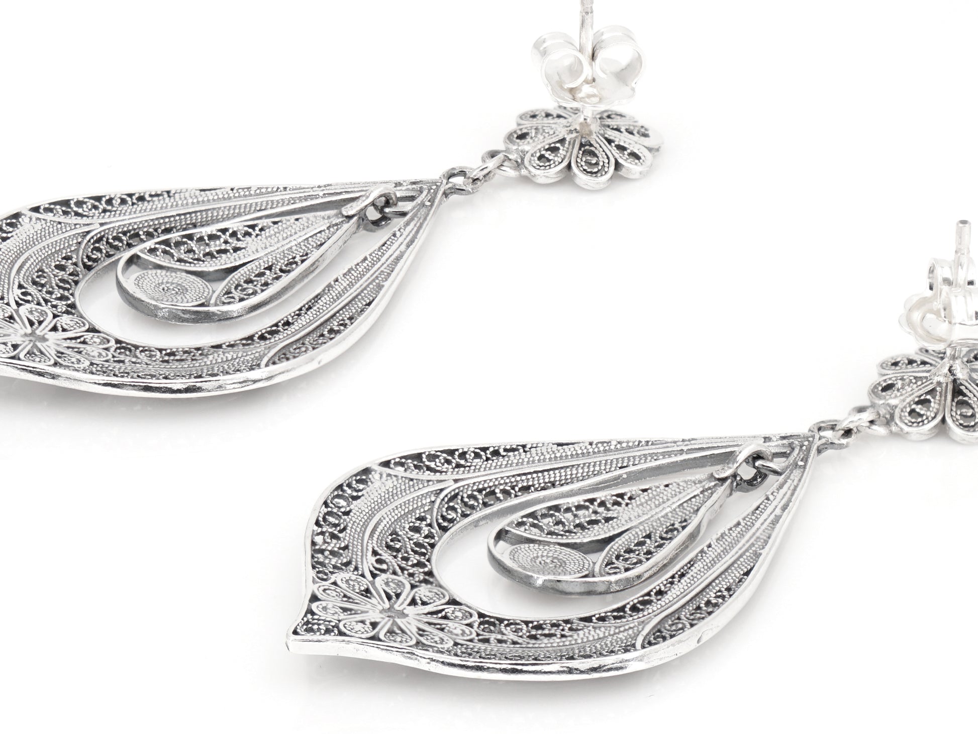 Brincos Lágrima Rica Grandes, Filigrana Portuguesa, Prata de Lei 925 - Perspectiva, Vista de Trás