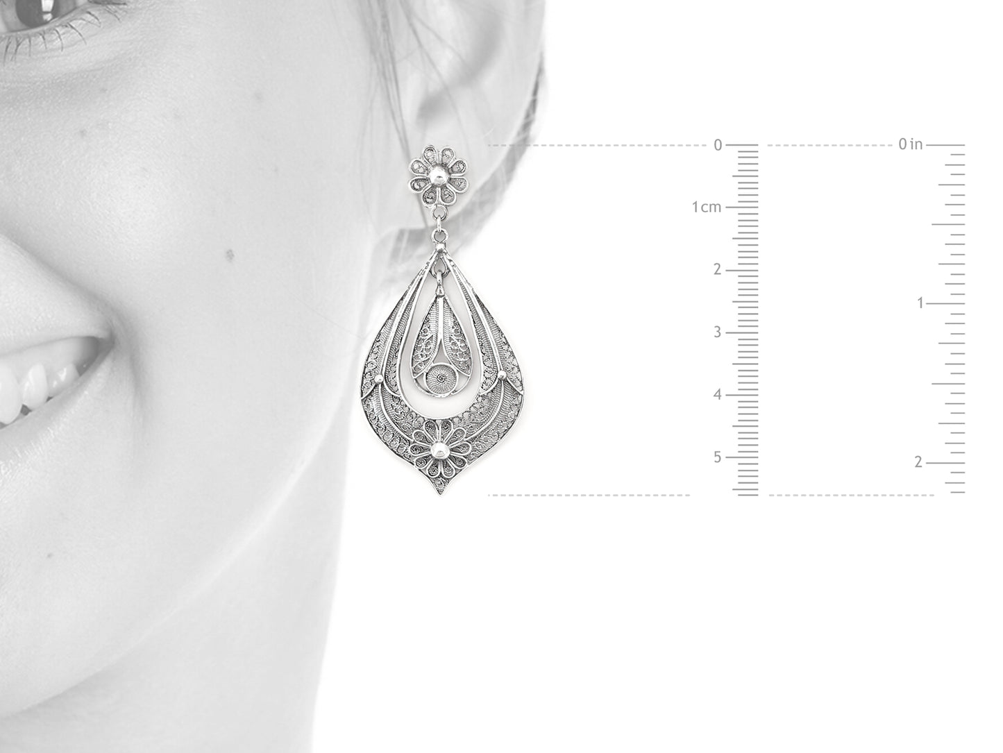 Brincos Lágrima Rica Grandes, Filigrana Portuguesa, Prata de Lei 925 - Medidas