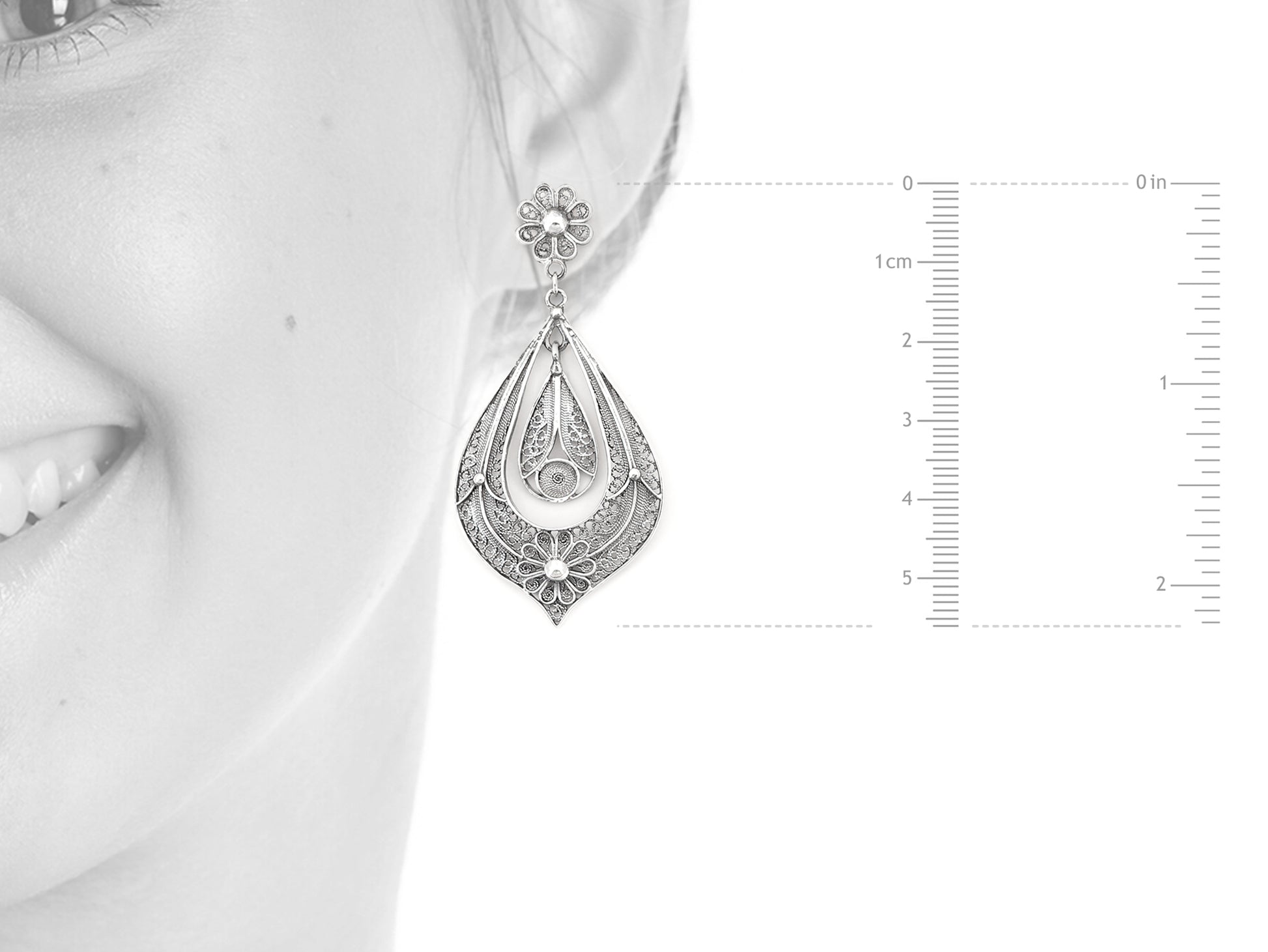 Brincos Lágrima Rica Grandes, Filigrana Portuguesa, Prata de Lei 925 - Medidas