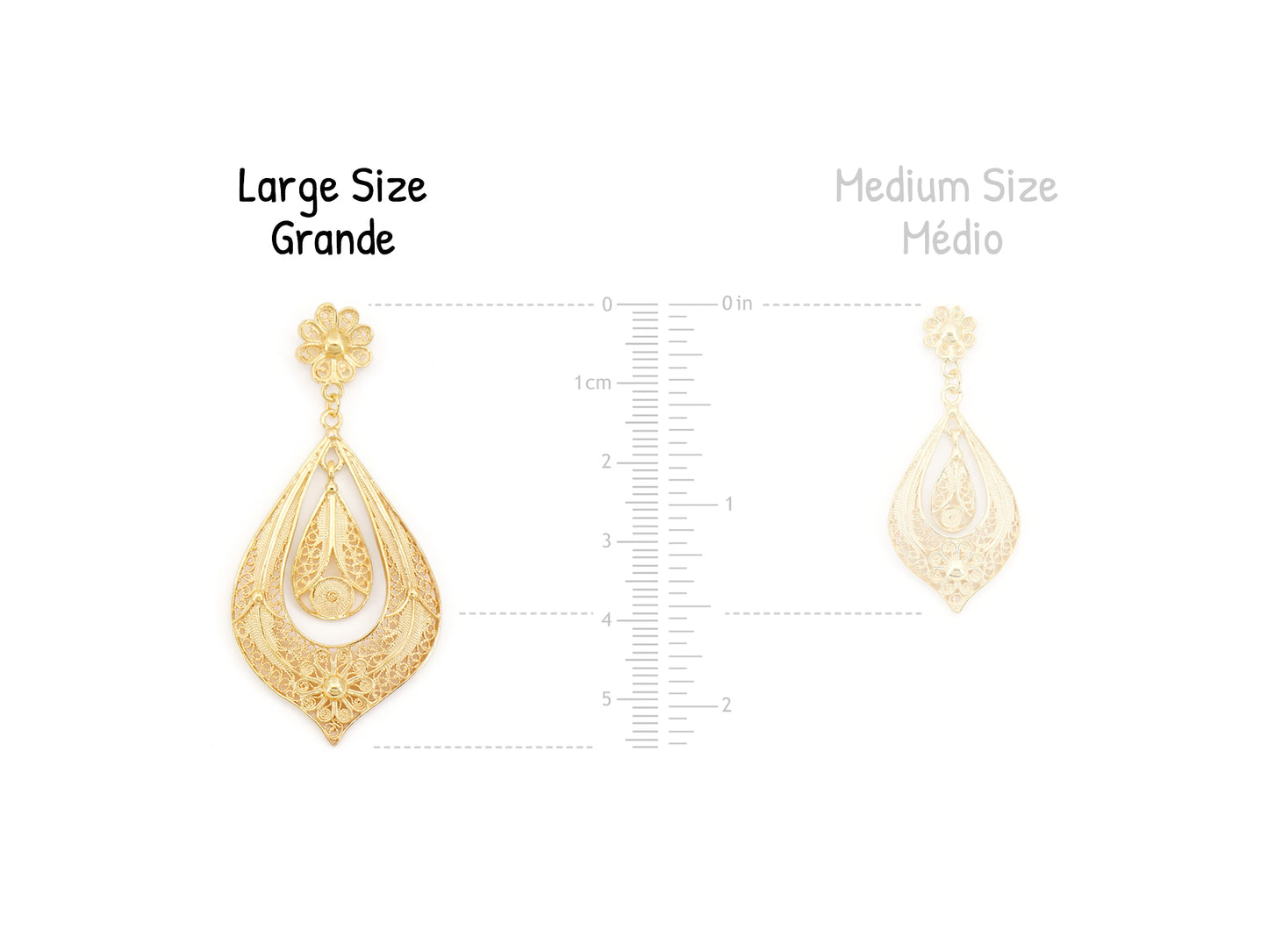 Brincos Lágrima Rica Grandes, Filigrana Portuguesa, Prata de Lei 925 Dourada - Comparação de Tamanho com o Brinco Médio