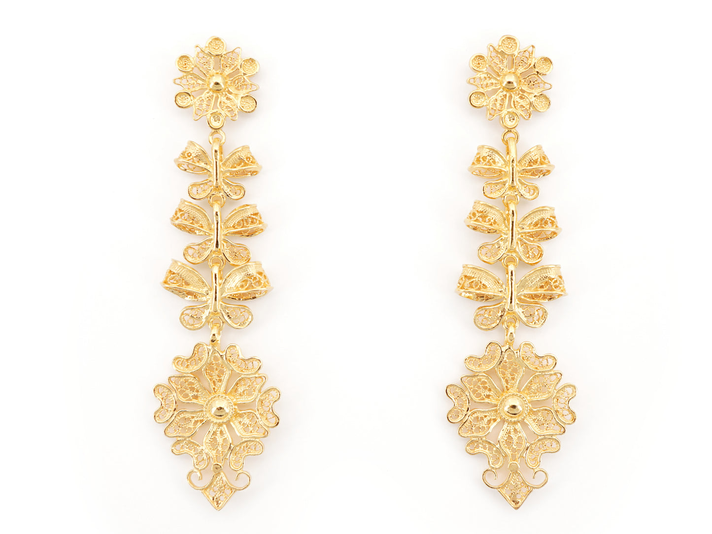 Brincos Compridos Laços Articulados, Filigrana Portuguesa, Prata de Lei 925 Dourada - Vista de Frente