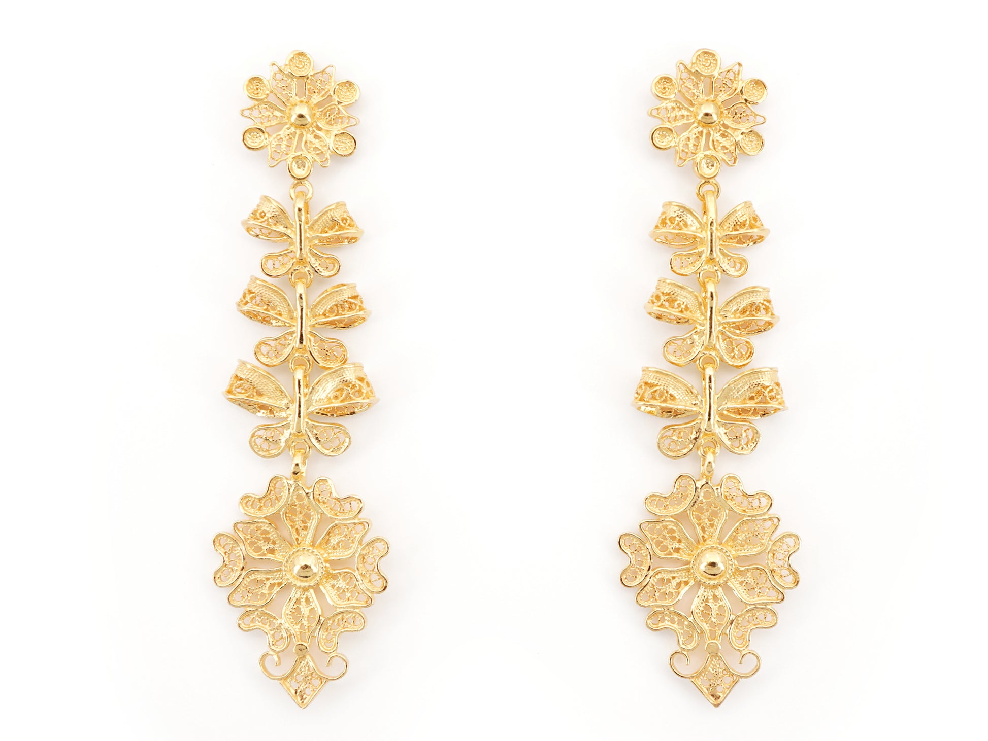 Brincos Compridos Laços Articulados, Filigrana Portuguesa, Prata de Lei 925 Dourada - Vista de Frente