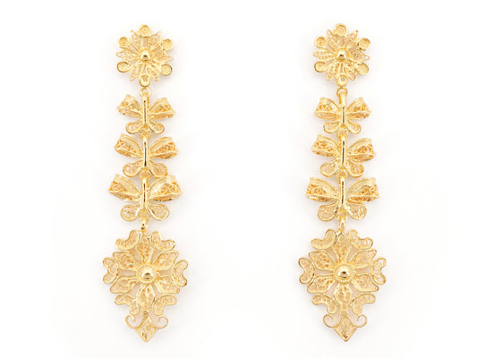 Brincos Compridos Laços Articulados, Filigrana Portuguesa, Prata de Lei 925 Dourada - Vista de Frente