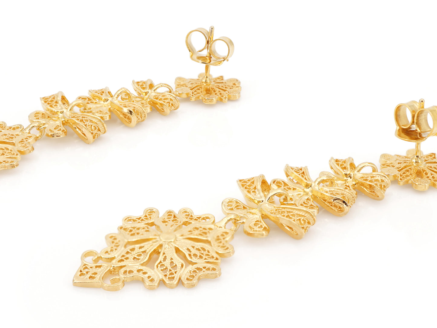 Brincos Compridos Laços Articulados, Filigrana Portuguesa, Prata de Lei 925 Dourada - Vista de Trás