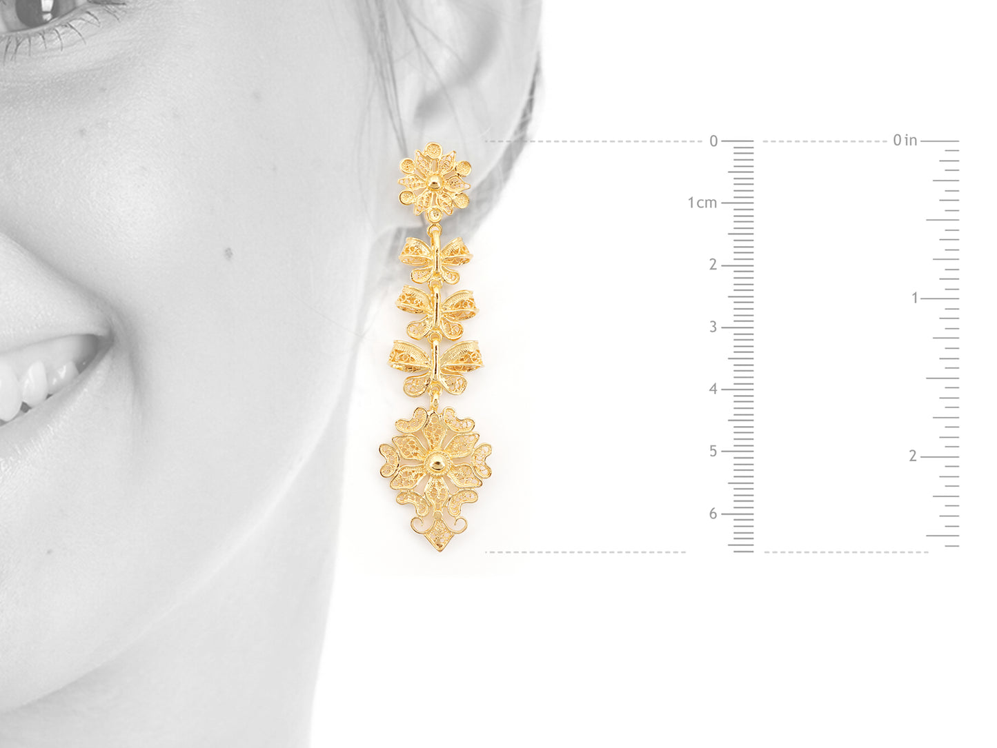 Brincos Compridos Laços Articulados, Filigrana Portuguesa, Prata de Lei 925 Dourada - Medidas