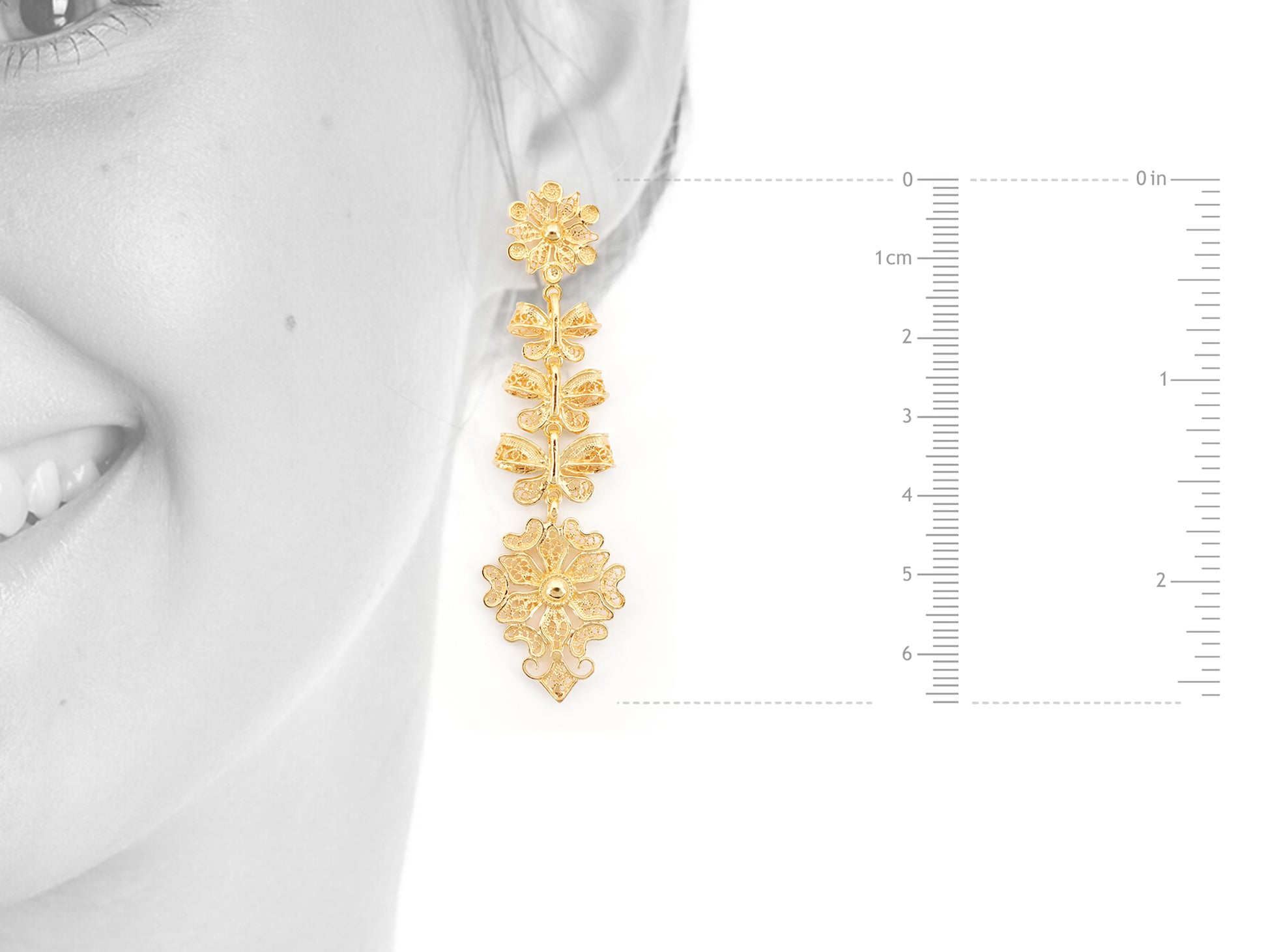 Brincos Compridos Laços Articulados, Filigrana Portuguesa, Prata de Lei 925 Dourada - Medidas