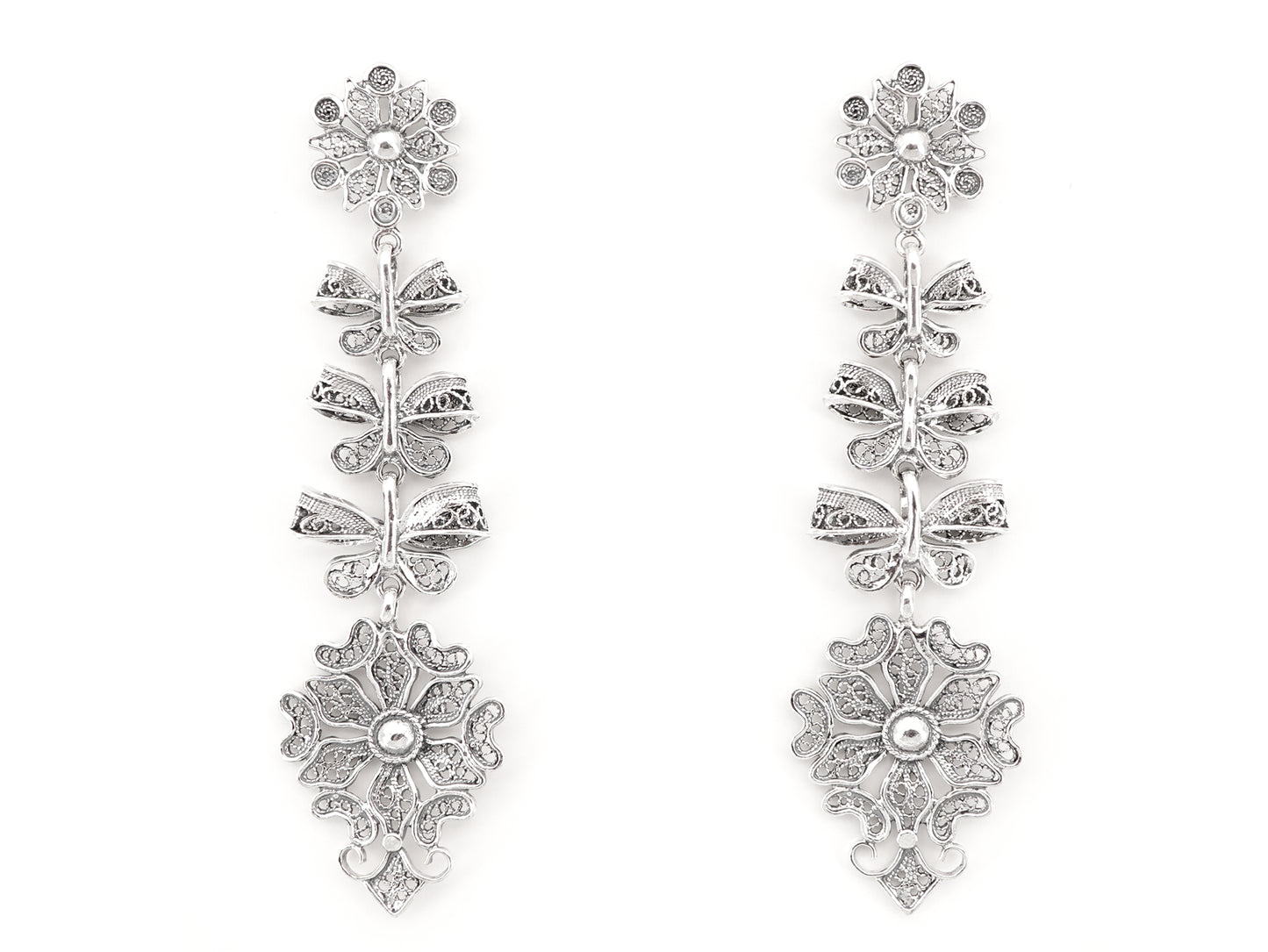 Brincos Compridos Laços Articulados, Filigrana Portuguesa, Prata de Lei 925 - Vista de Frente