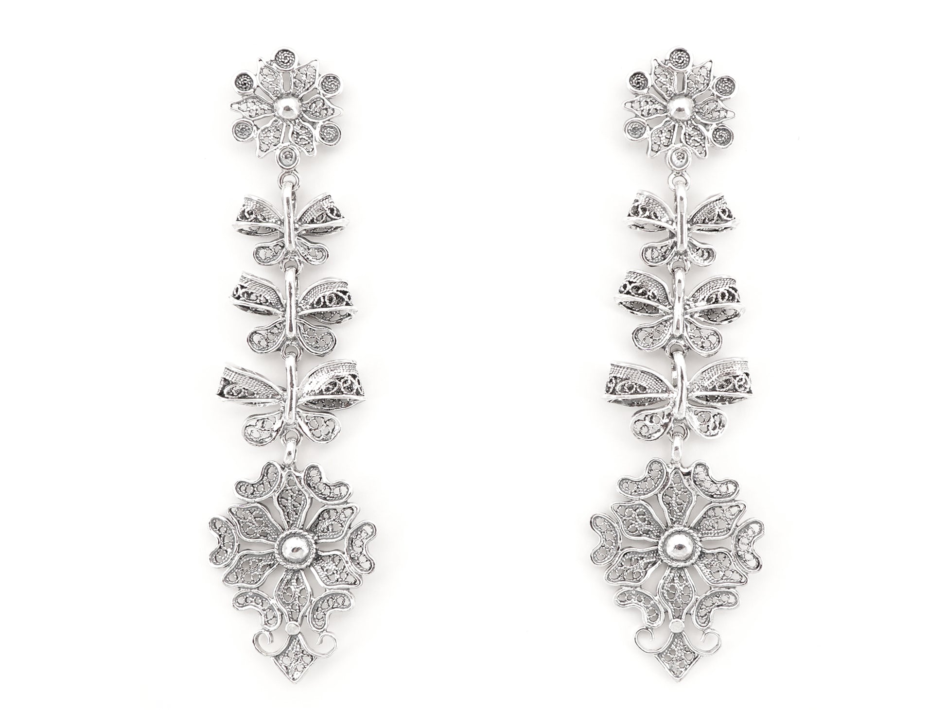 Brincos Compridos Laços Articulados, Filigrana Portuguesa, Prata de Lei 925 - Vista de Frente