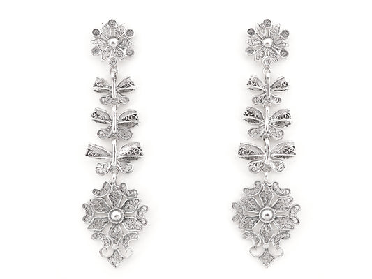 Brincos Compridos Laços Articulados, Filigrana Portuguesa, Prata de Lei 925 - Vista de Frente