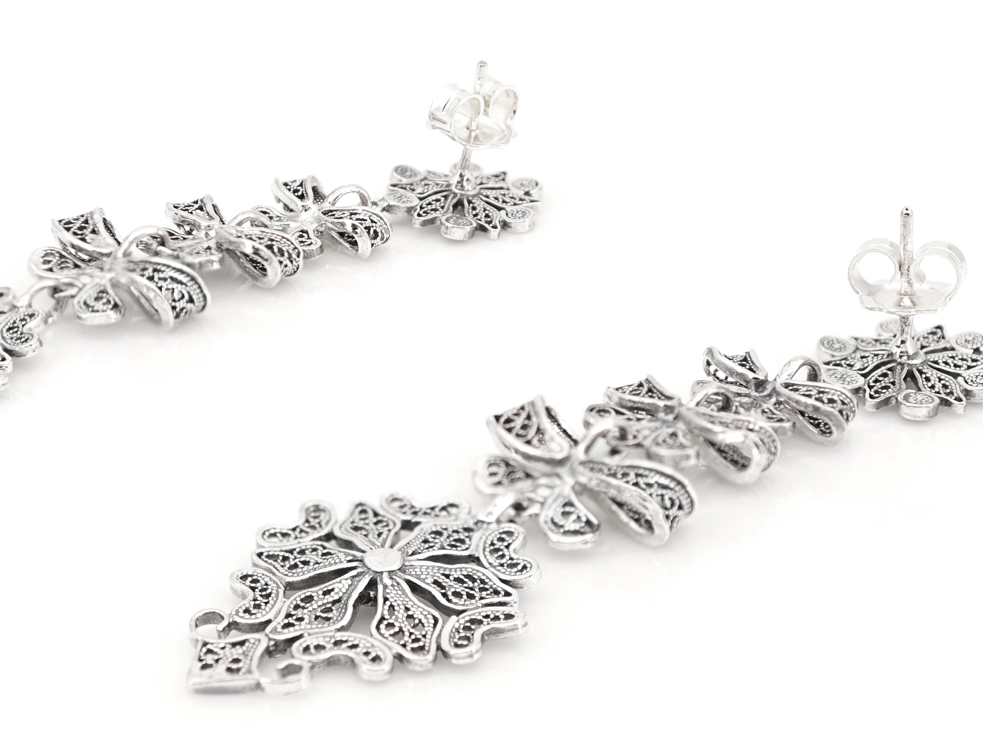 Brincos Compridos Laços Articulados, Filigrana Portuguesa, Prata de Lei 925 - Vista de Trás