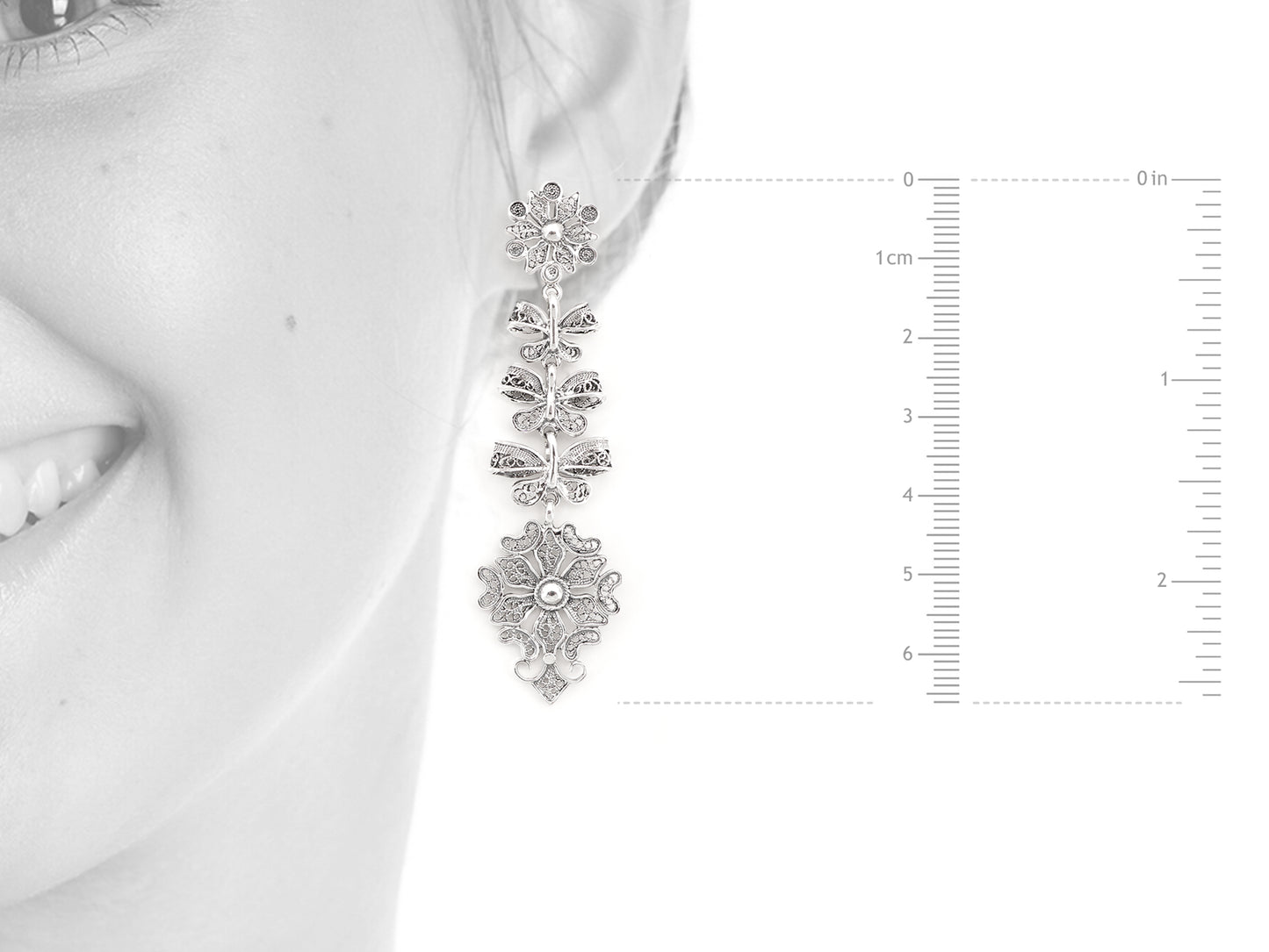 Brincos Compridos Laços Articulados, Filigrana Portuguesa, Prata de Lei 925 - Medidas