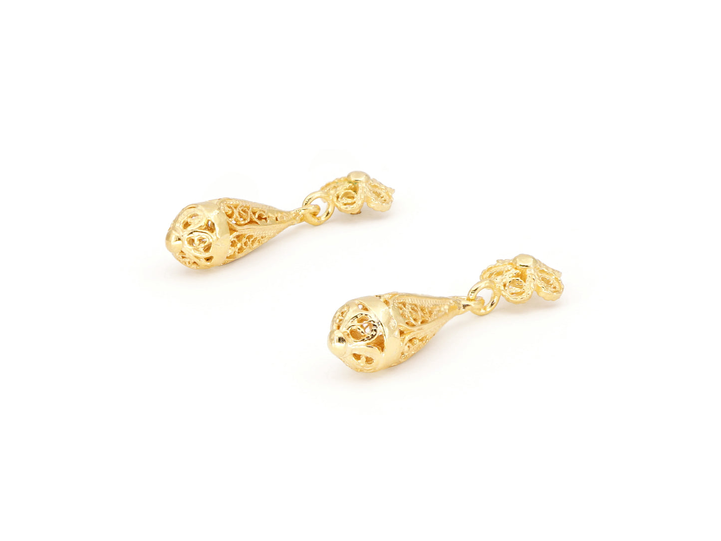 Brincos Articulados Pequenos, Filigrana Portuguesa, Prata de Lei 925 Dourada - Perspectiva, Vista de Frente