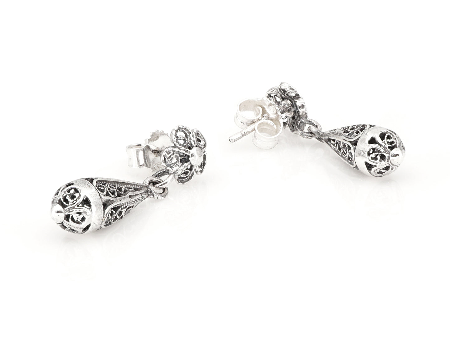 Brincos Articulados Pequenos, Filigrana Portuguesa, Prata de Lei 925 - Perspectiva, Vista de Frente e Vista de Trás