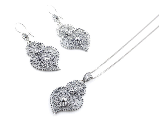 Conjunto Brincos e Colar Coração Fidalga, Filigrana Portuguesa, Prata de Lei 925